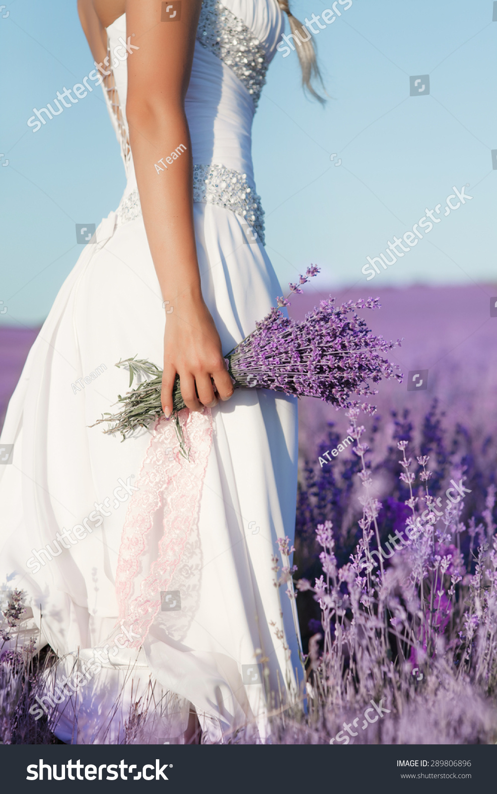 white dress with lavender flowers