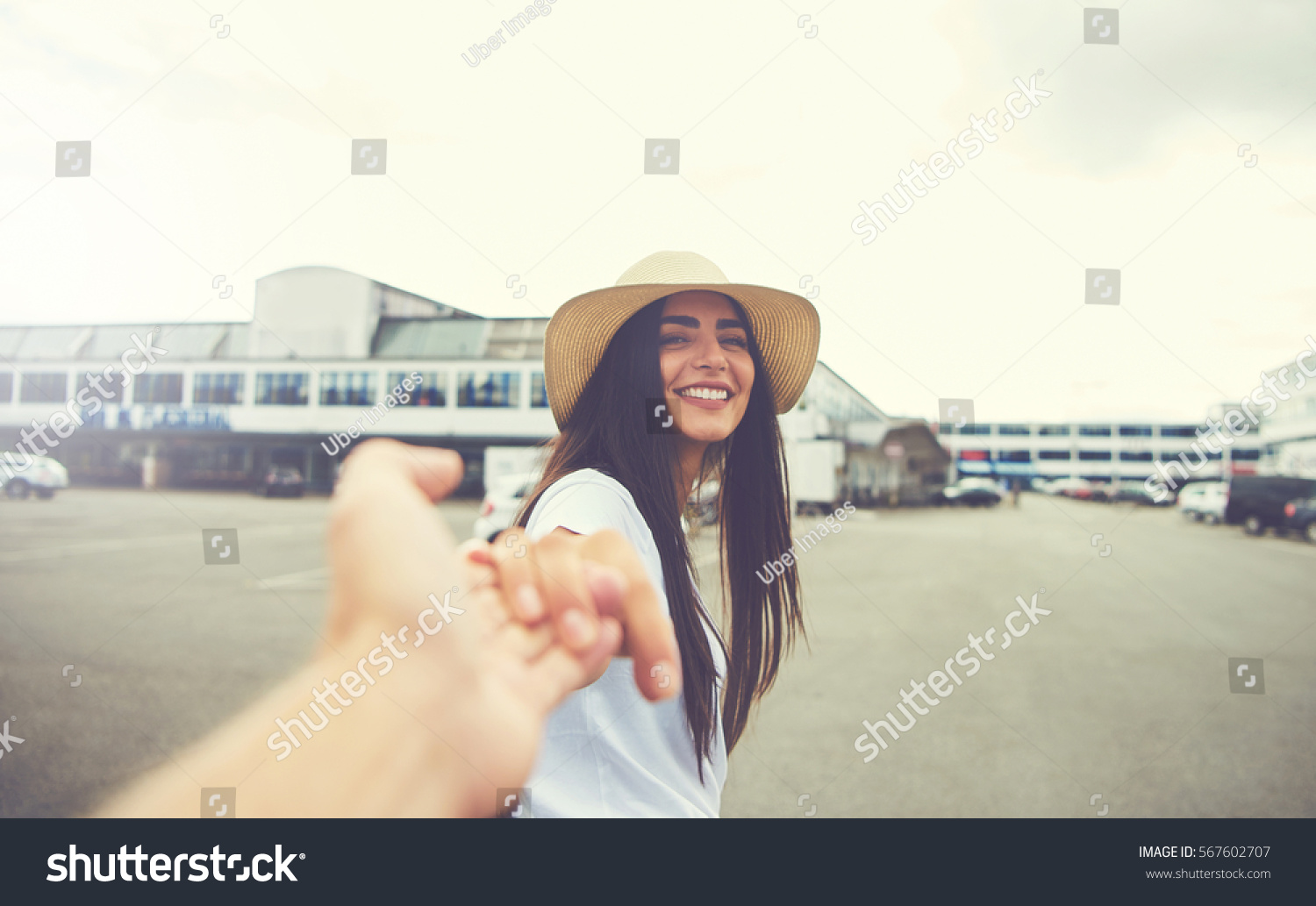 Woman Long Hair Hand Outstretched Towards Stock Photo Edit Now