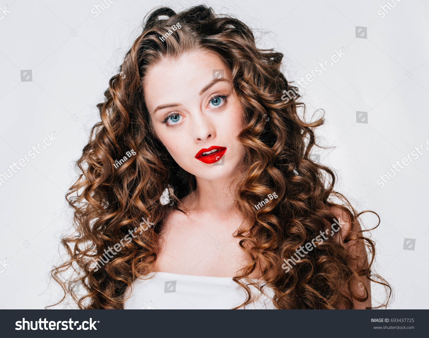 Woman Red Lipstick Curly Hair Fashion Stock Photo Edit Now 693437725