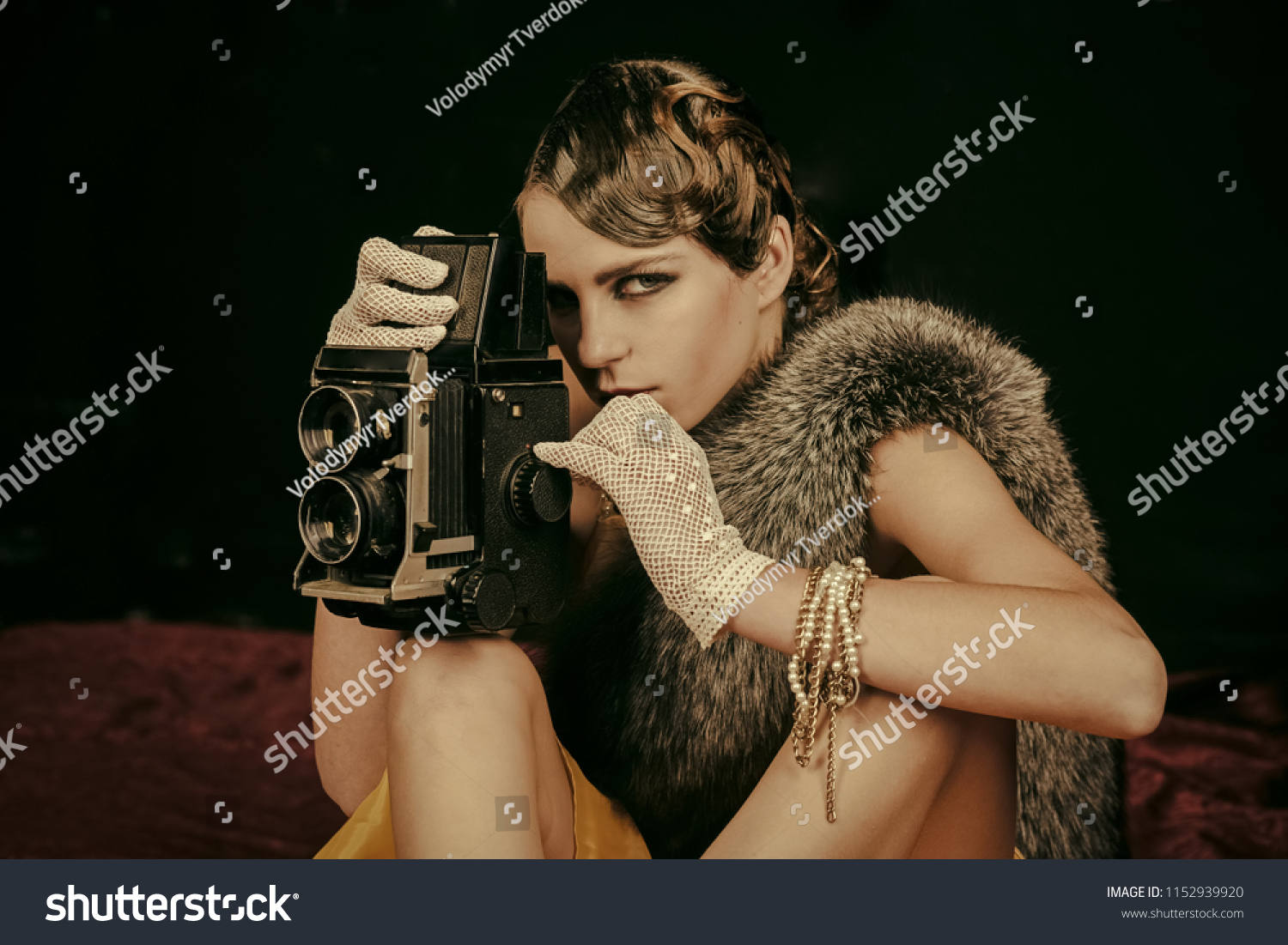 Woman Retro Hair Makeup Old Camera Stock Photo Edit Now 1152939920