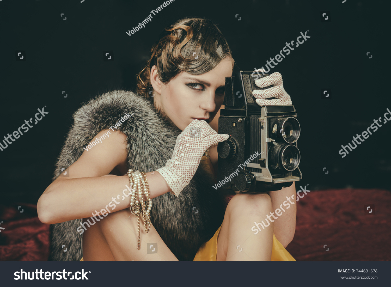 Woman Retro Hair Makeup Old Camera Stock Photo Edit Now 744631678