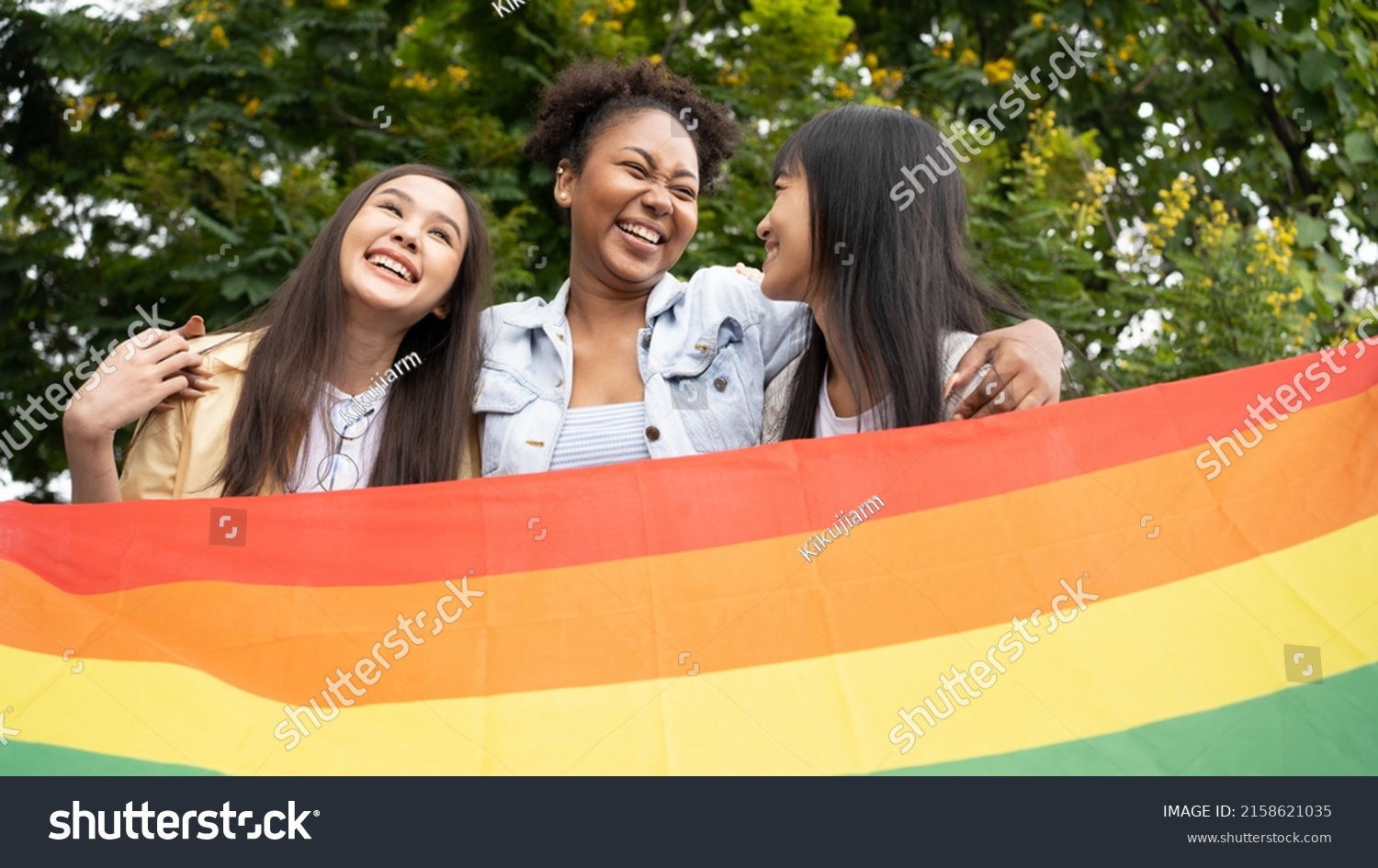 5 Group Enjoying Holding Rainbow Lgbt Pride Flag Smiling Multi Ethnic