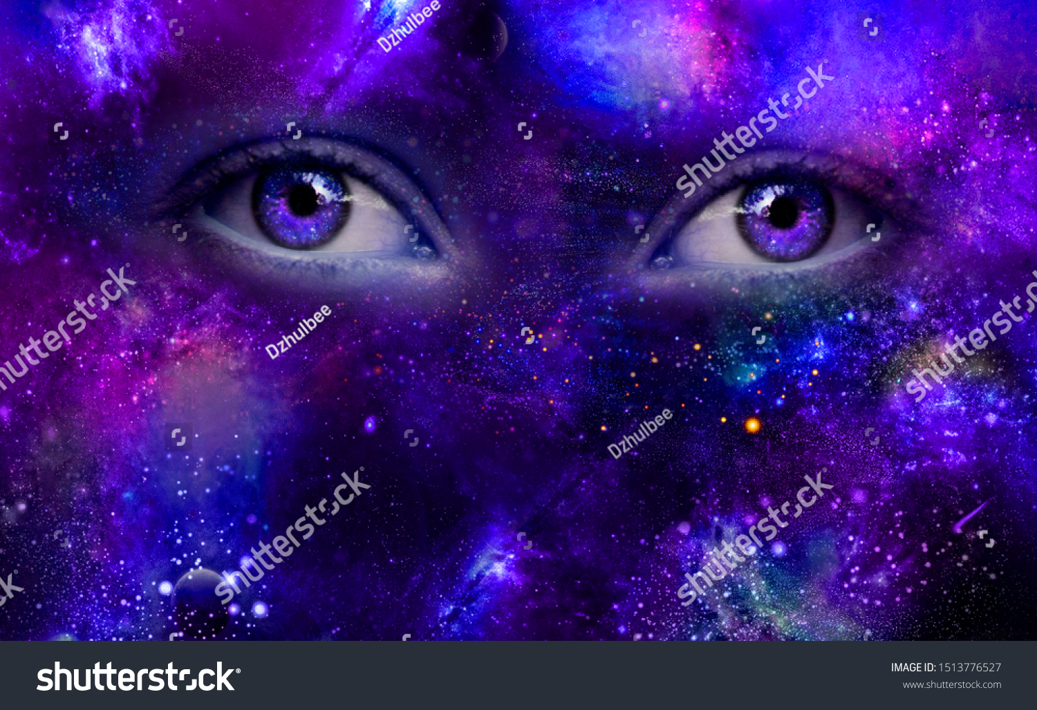 Women S Purple Eyes Cosmic Background Stock Photo Edit Now