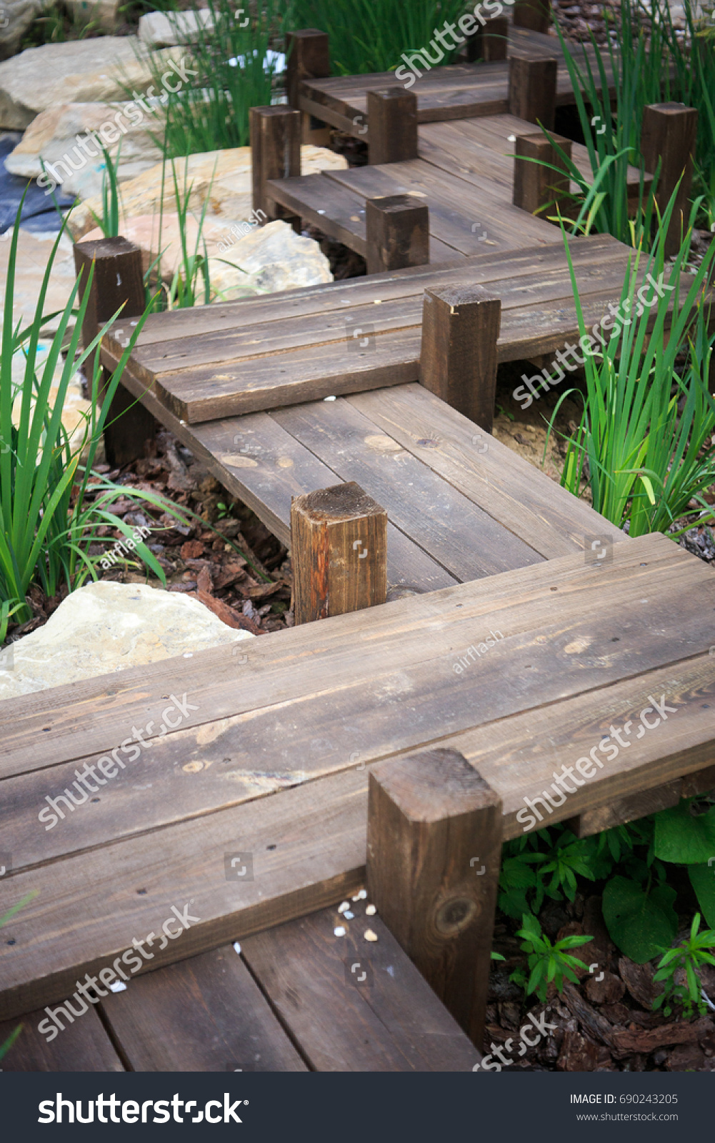 Wood Bench Japanese Garden Landscape Design Stock Photo 690243205