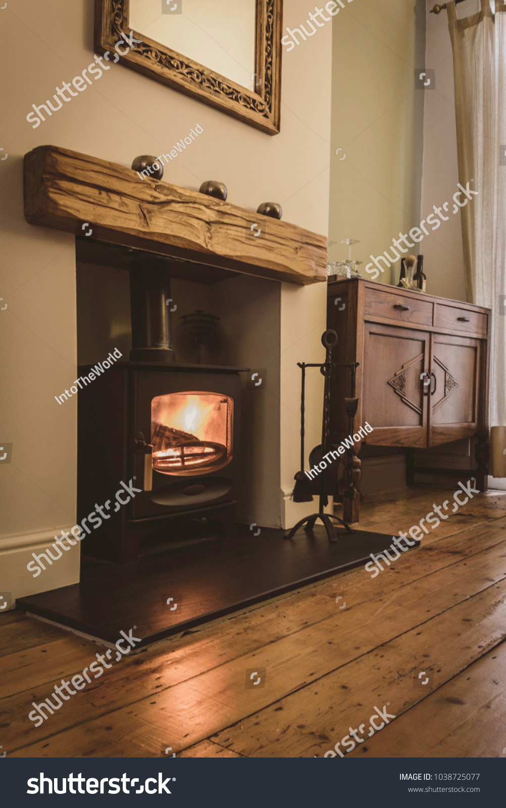 Wood Burning Stove Fireplace Oak Mantelpiece Stock Image
