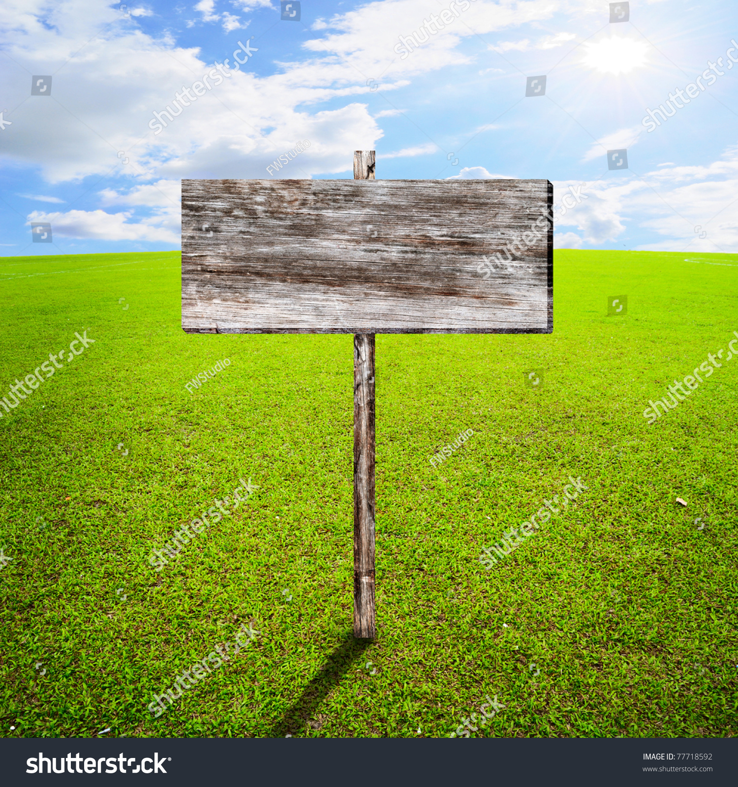 Wood Sign With Slope Grass And Clouds Sky Stock Photo 77718592 ...