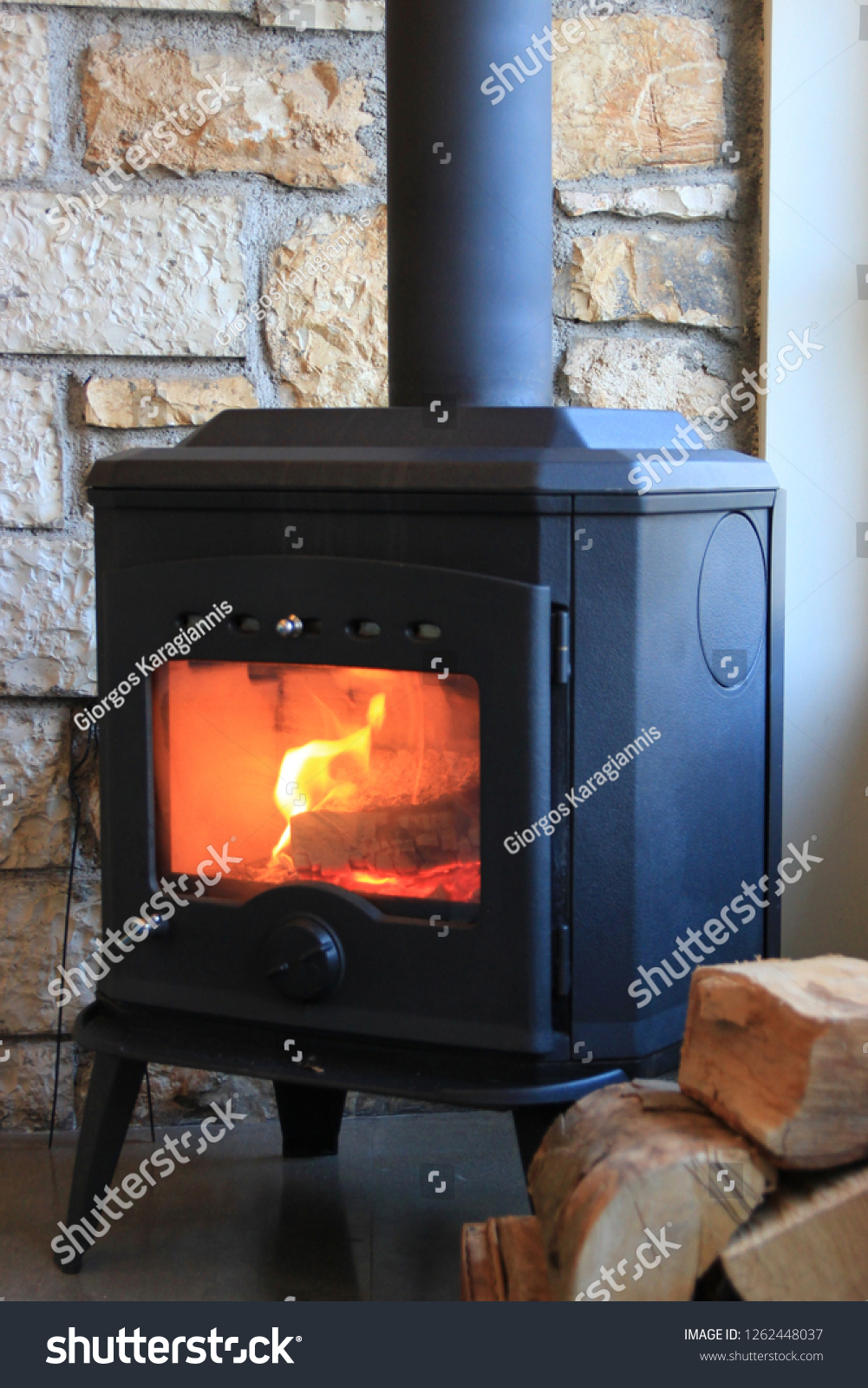 Wood Stove Burning Log View Flames Stock Photo Edit Now 1262448037