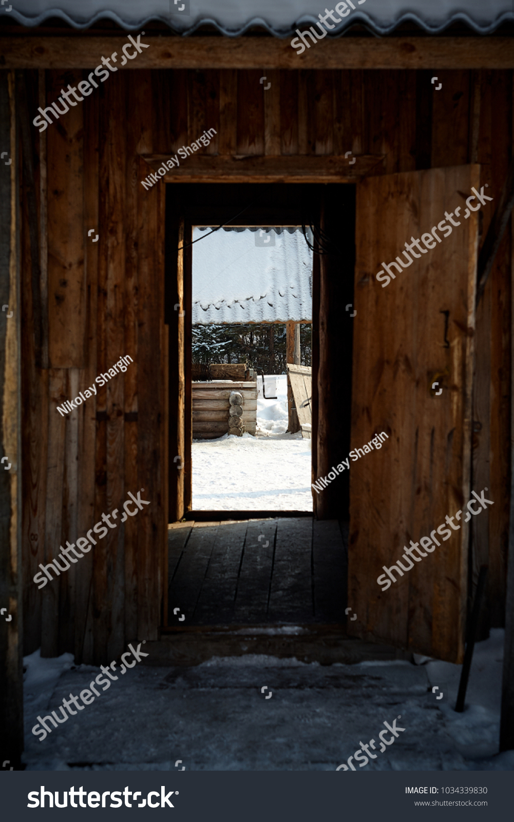 Wood Well View Through Door Dark Stock Photo Edit Now 1034339830