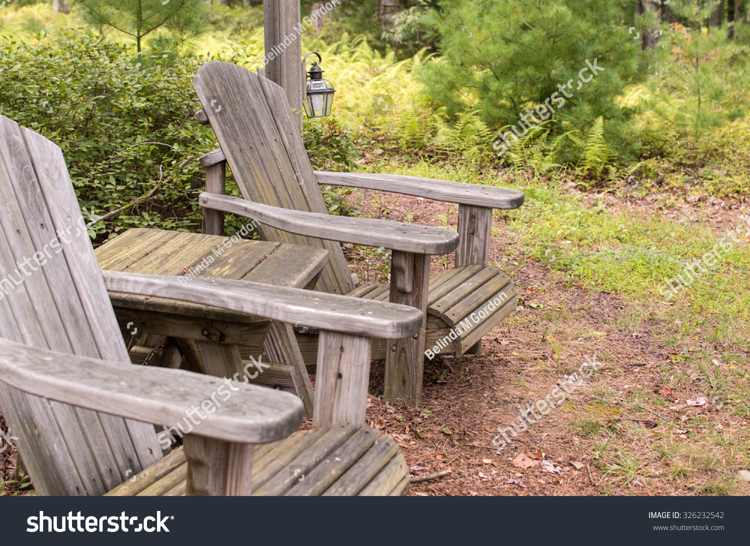 256 Adirondack Chair Woods Images Stock Photos Vectors Shutterstock   Stock Photo Wooded Adirondack Chairs With Woodsy Background Horizontal 326232542 