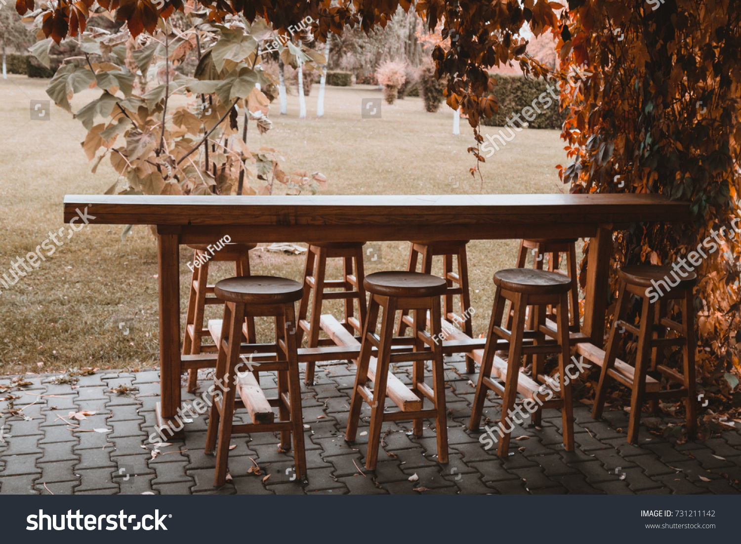 Wooden Bar Table Chairs Outside Autumn Stock Photo Edit Now 731211142