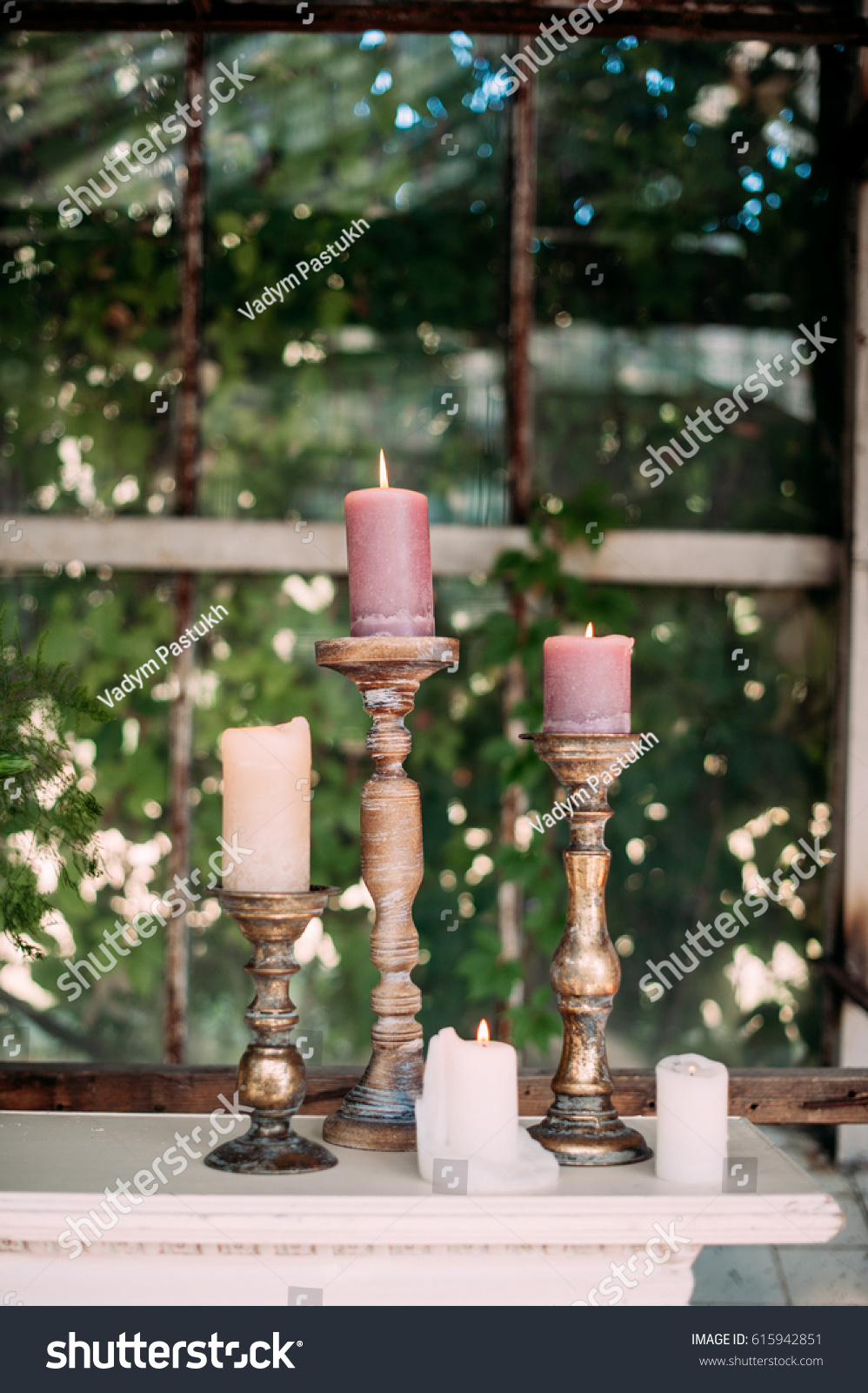 Wooden Candle Holders Gold Color Burning Stock Photo Edit Now