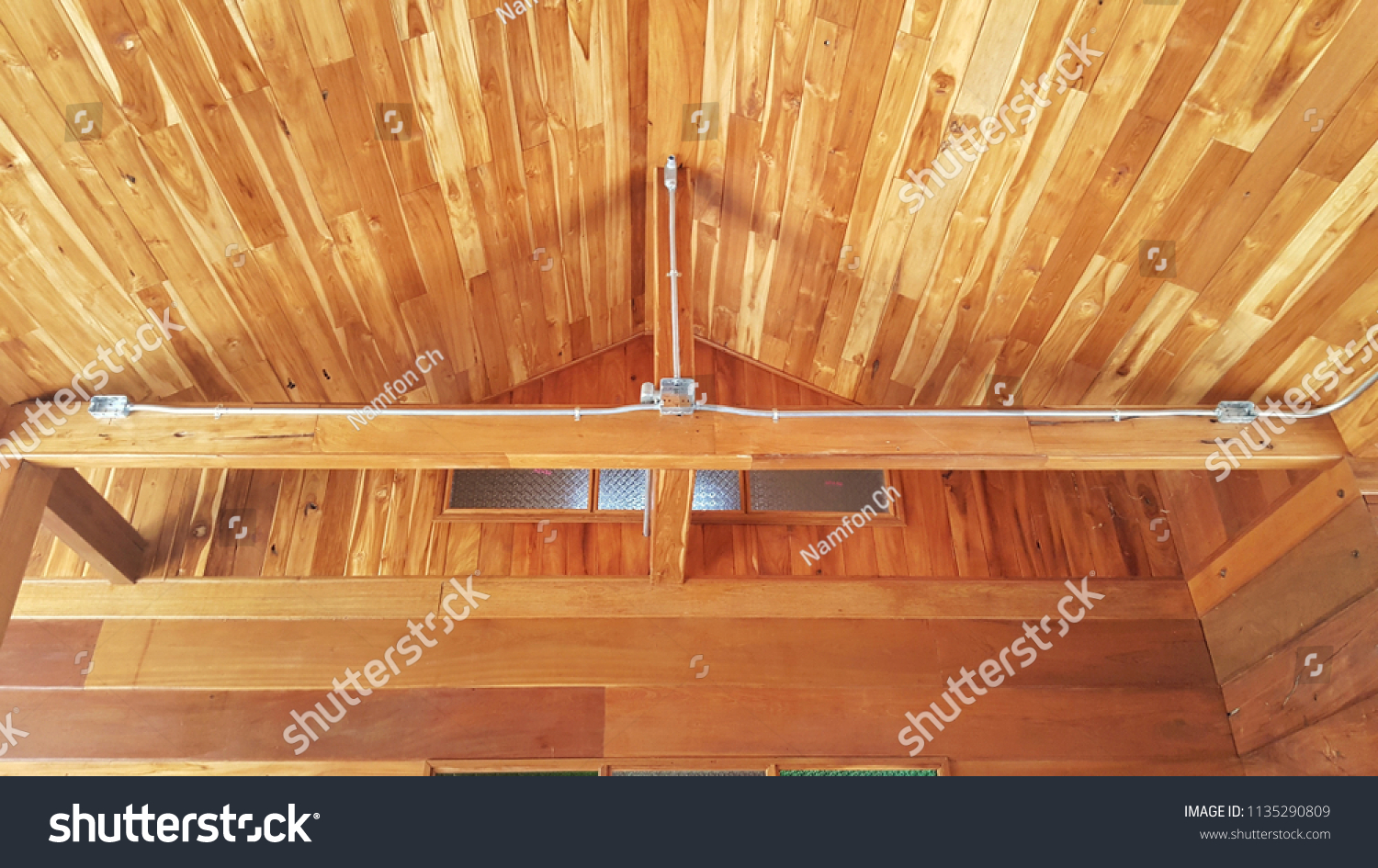 Wooden Ceiling Under Construction Electrical Fitting Stock Photo Edit Now 1135290809