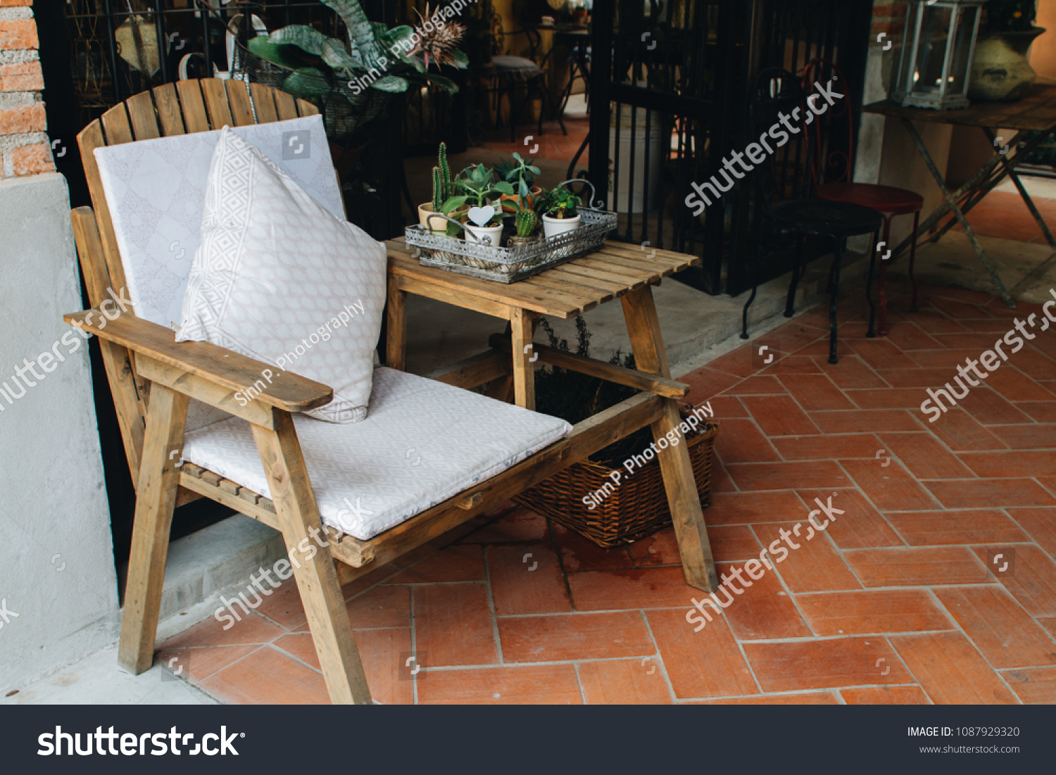 Wooden Deck Chair Attached Side Table Stock Photo Edit Now 1087929320