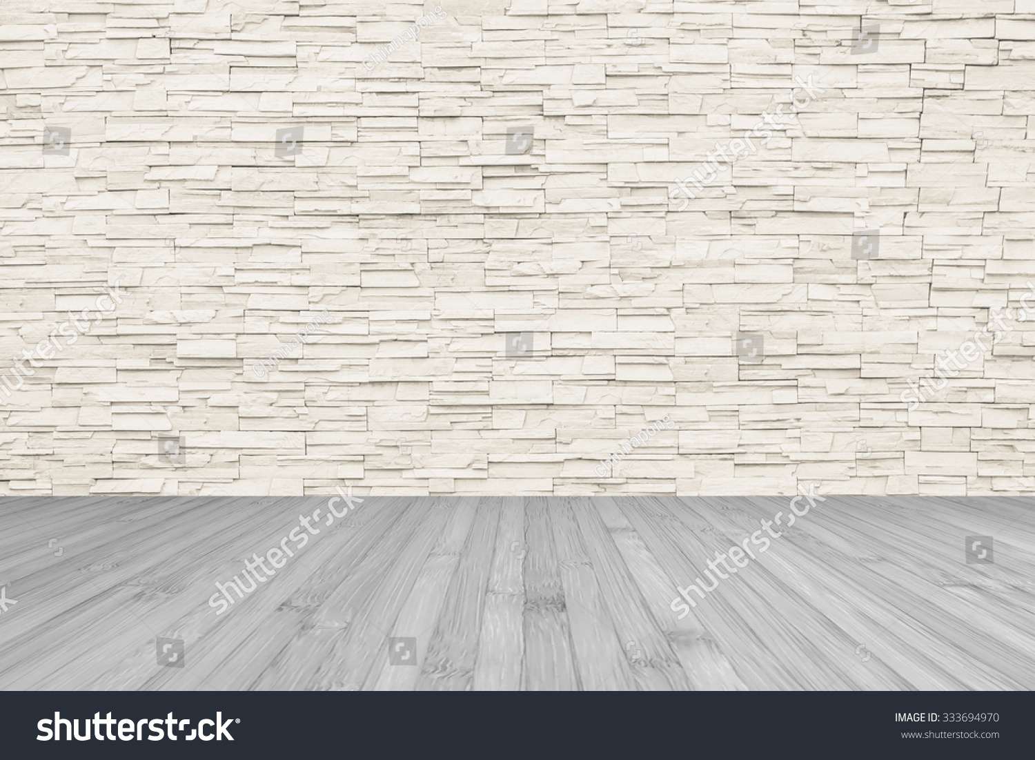 Wooden Floor In Light Grey Tone With Rock Limestone Brick Tile Wall ...