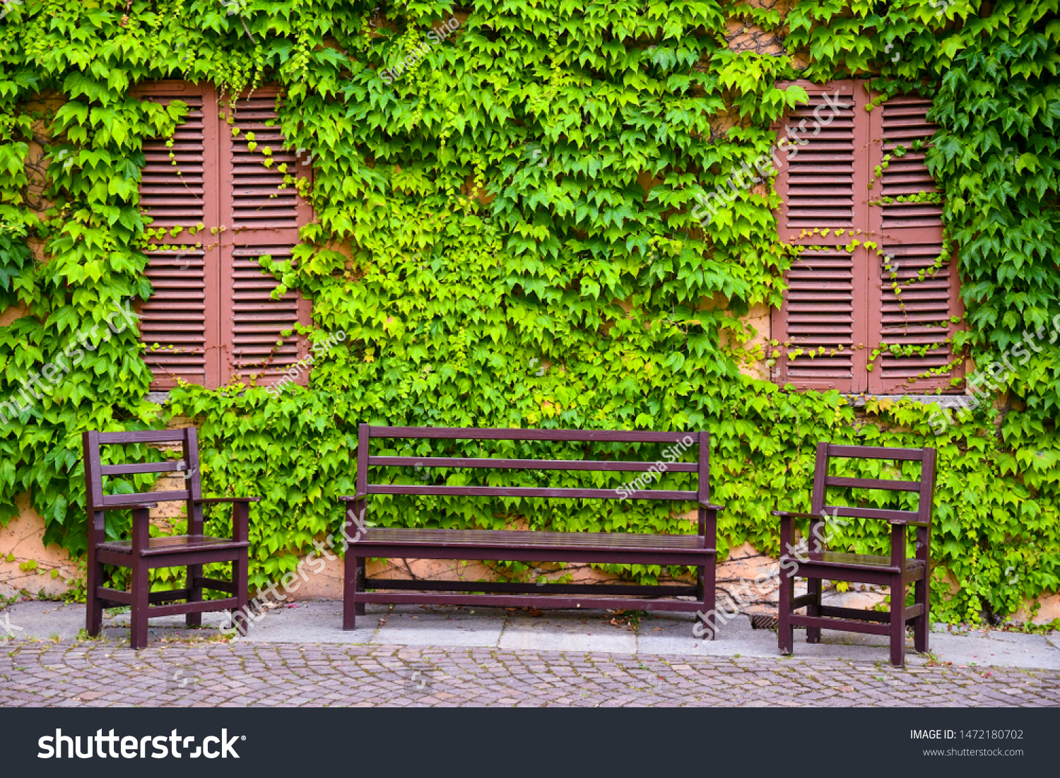 Wooden Garden Bench Chairs Front Old Stock Photo Edit Now 1472180702