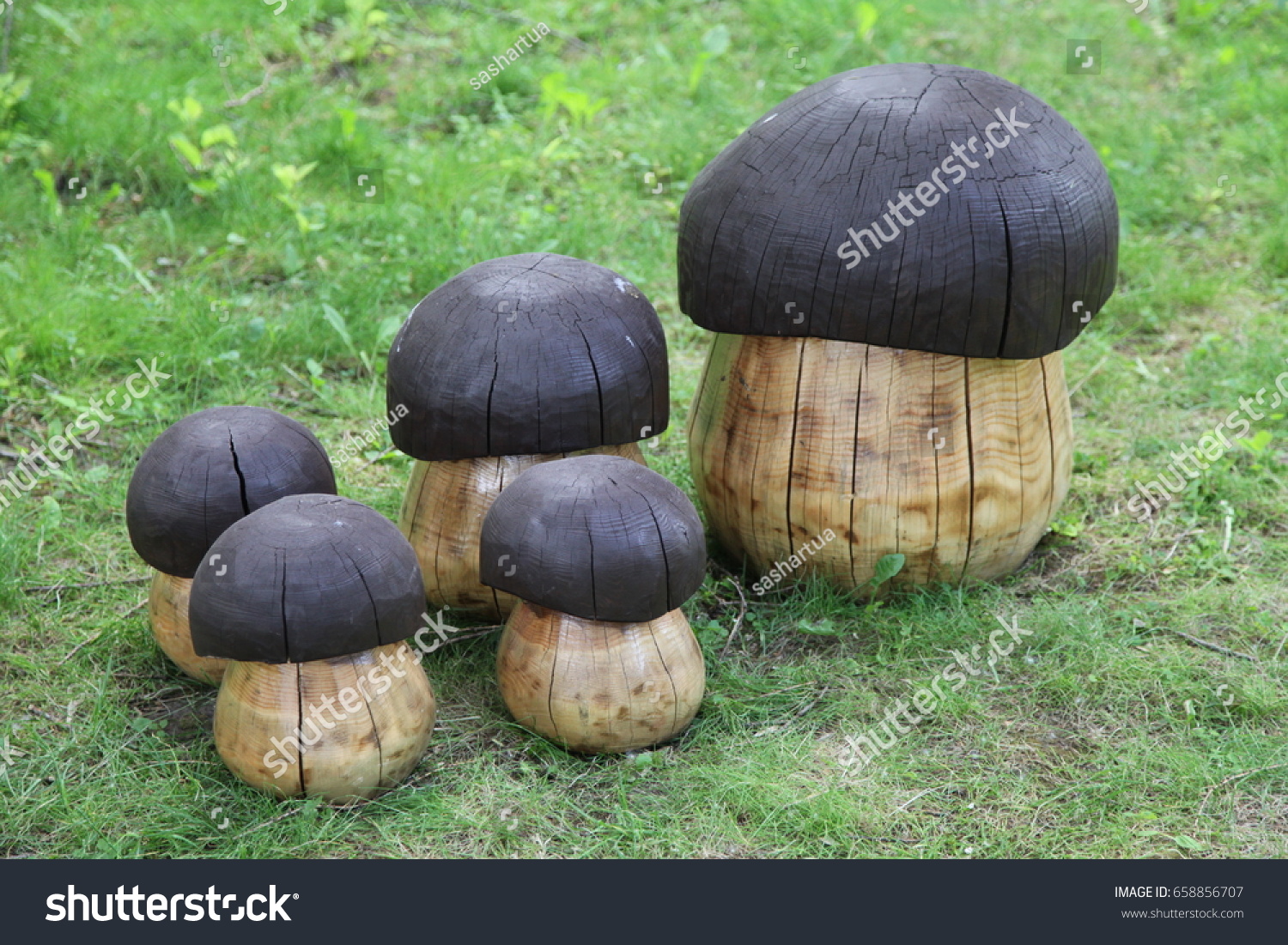 Wooden Mushrooms Decoration Brown Mushrooms Garden Stock Photo