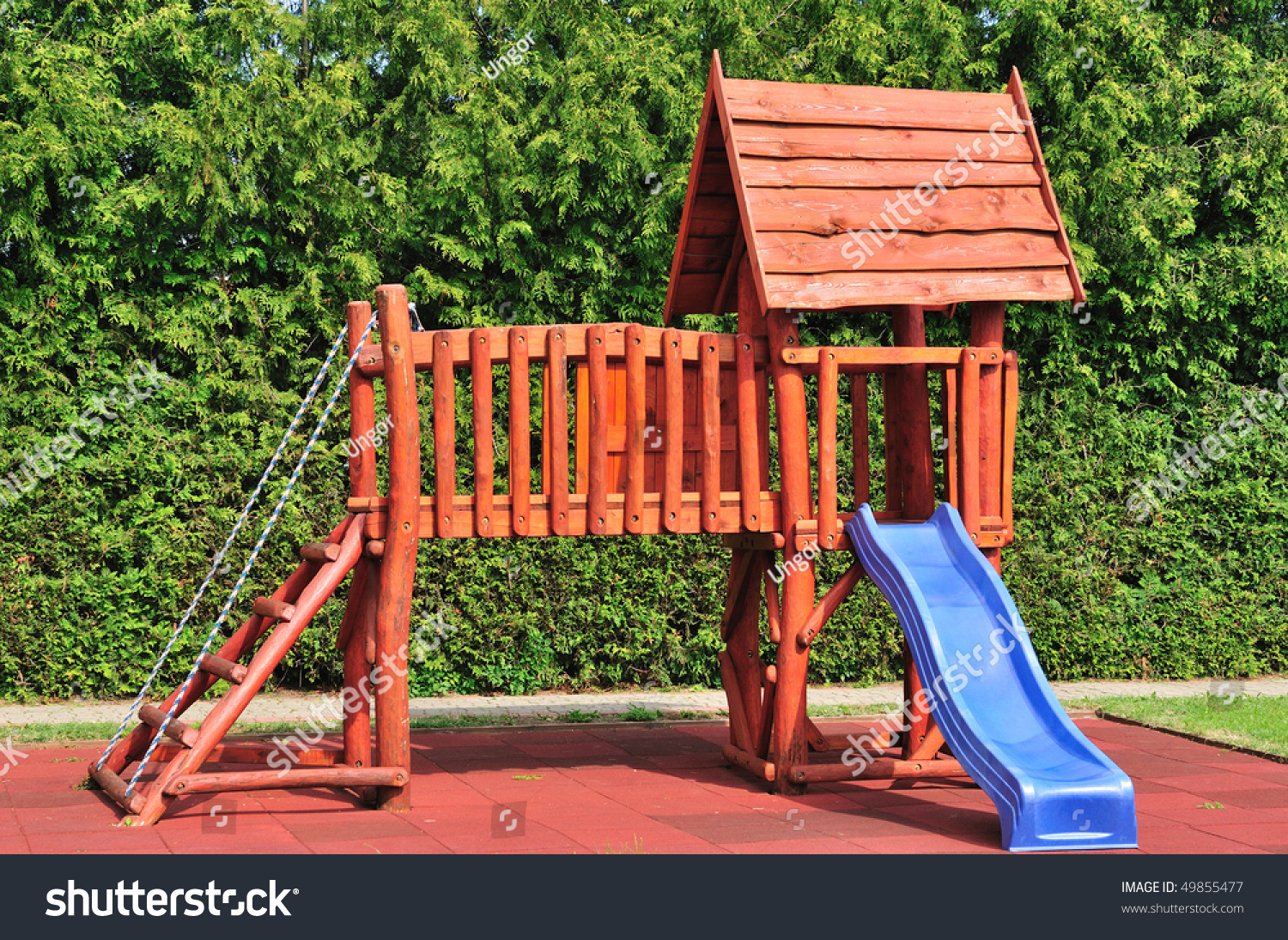 Wooden Playground Equipment Blue Slides Summer Stock Photo