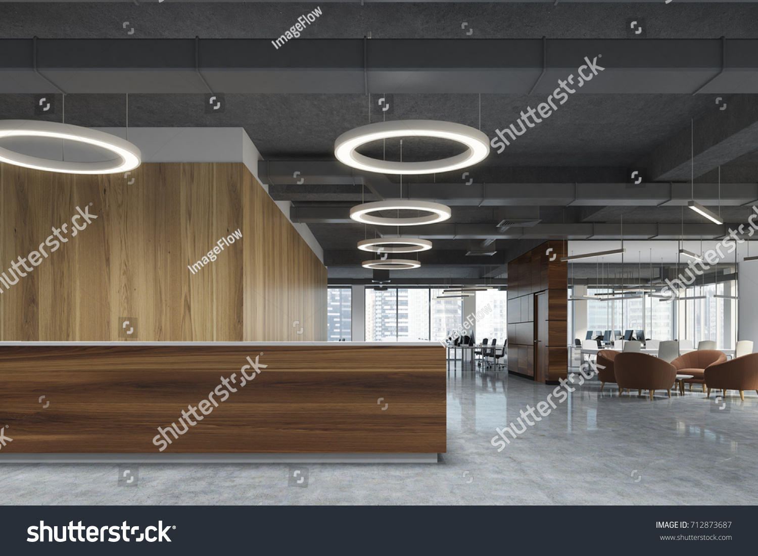 Wooden Reception Desk Standing Modern Office Business Finance