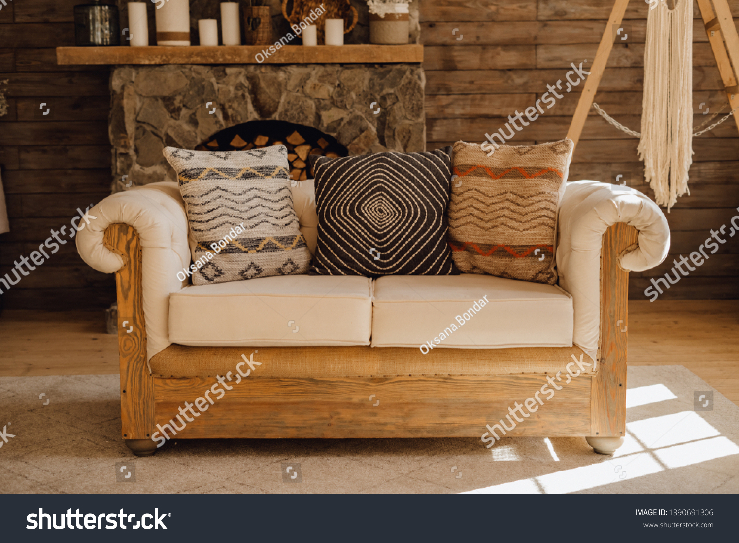 Wooden Sofa Chalet Cozy Interior Fireplace Stock Photo Edit Now