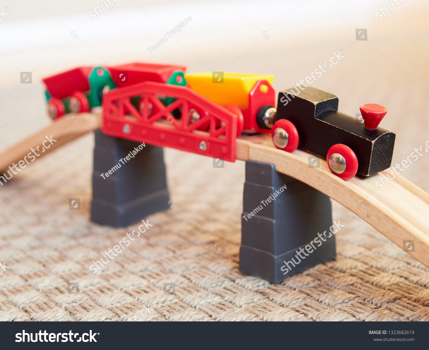 Wooden Toy Train Running On Miniature Stock Photo (Edit Now) 1323682619