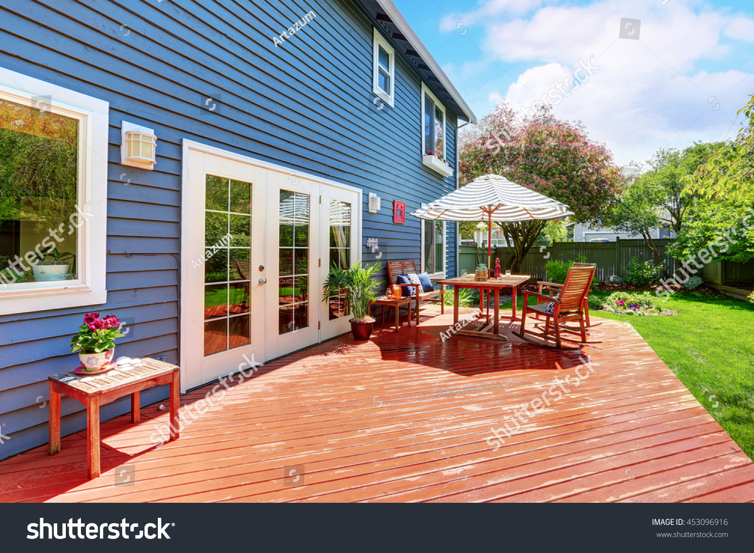 Wooden Walkout Deck Backyard Garden Blue Stock Photo 453096916