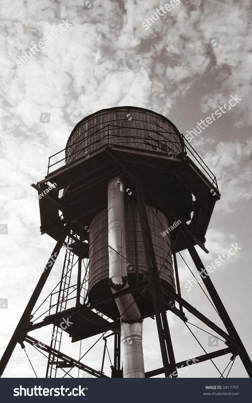 Wooden Water Tower Tank With Heating Pipe In Black And White Stock ...