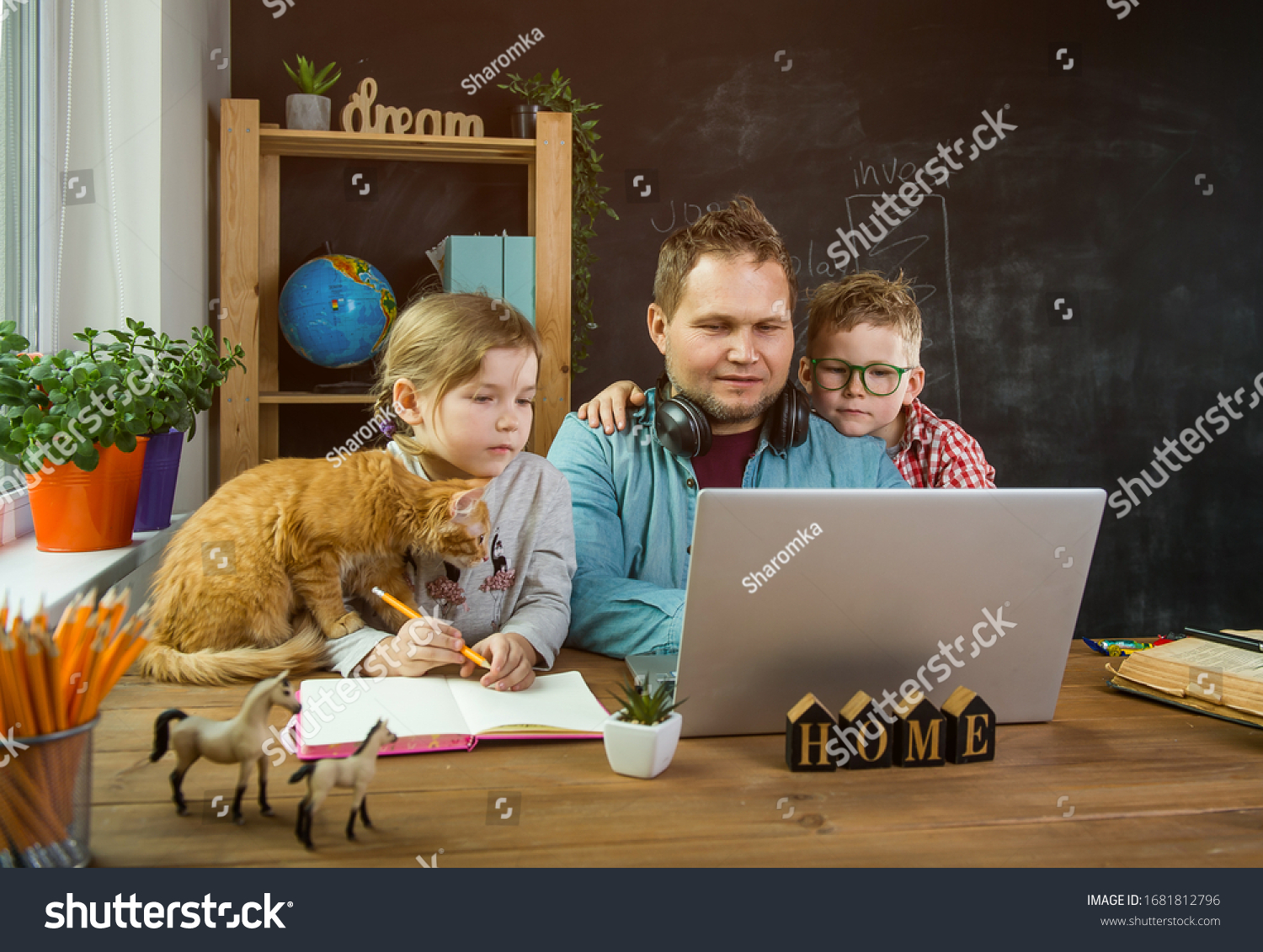 Work Home Father Kids Typing On Stock Photo 1681812796 | Shutterstock