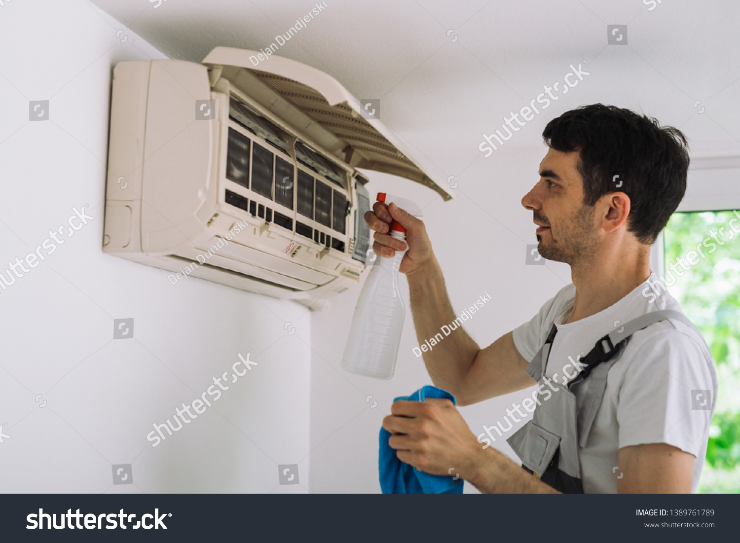 Worker Cleaning Home Air Conditioner Antibacterial Stock Photo Edit Now 1389761789