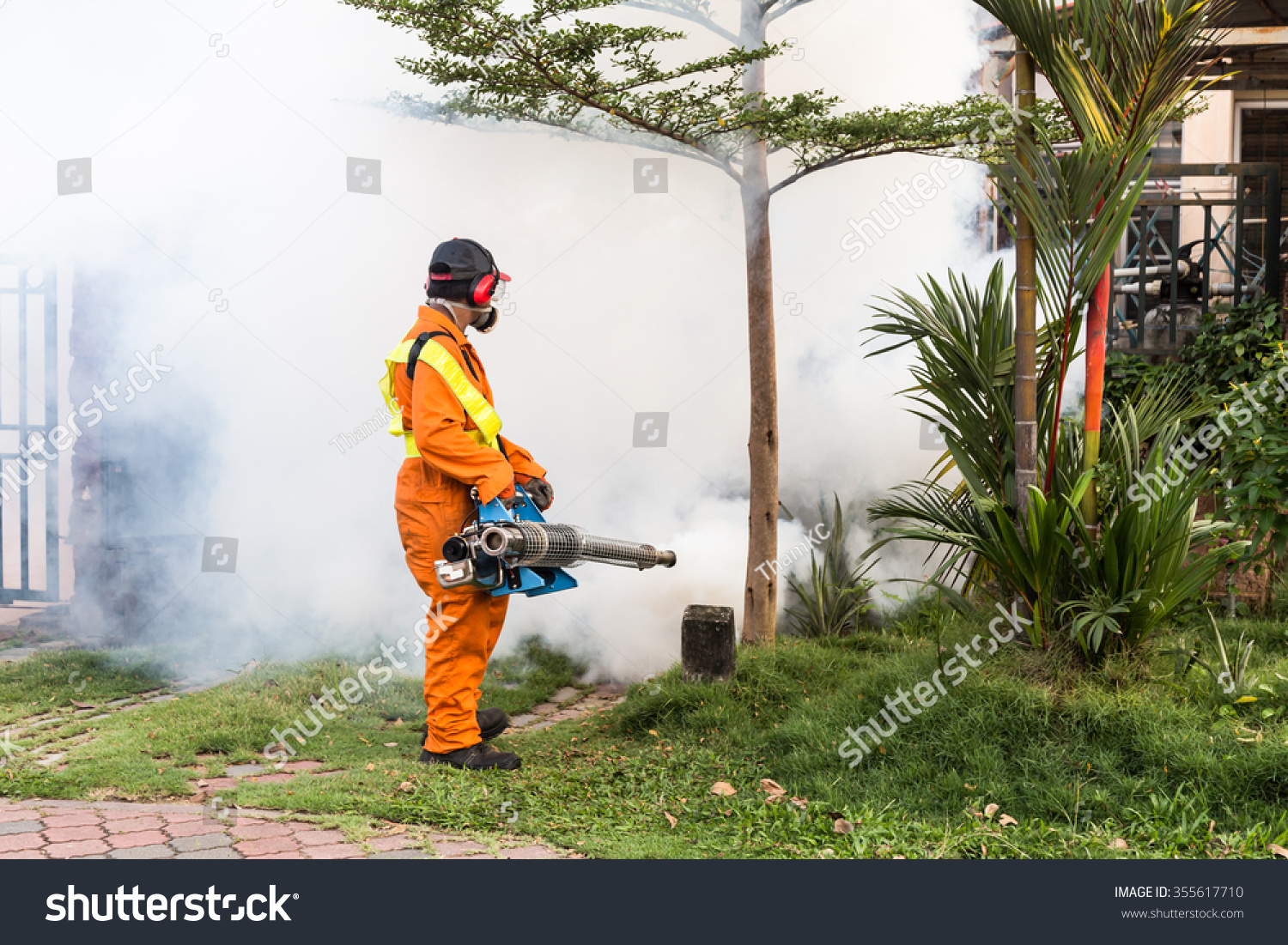 Worker Fogging Residential Area Insecticides Kill Stock