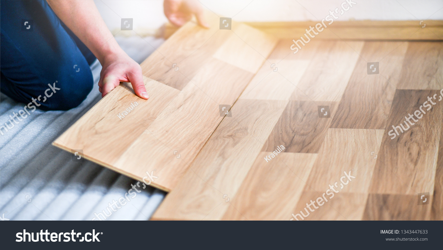 Worker Hands Installing Timber Laminate Floor Stock Photo Edit