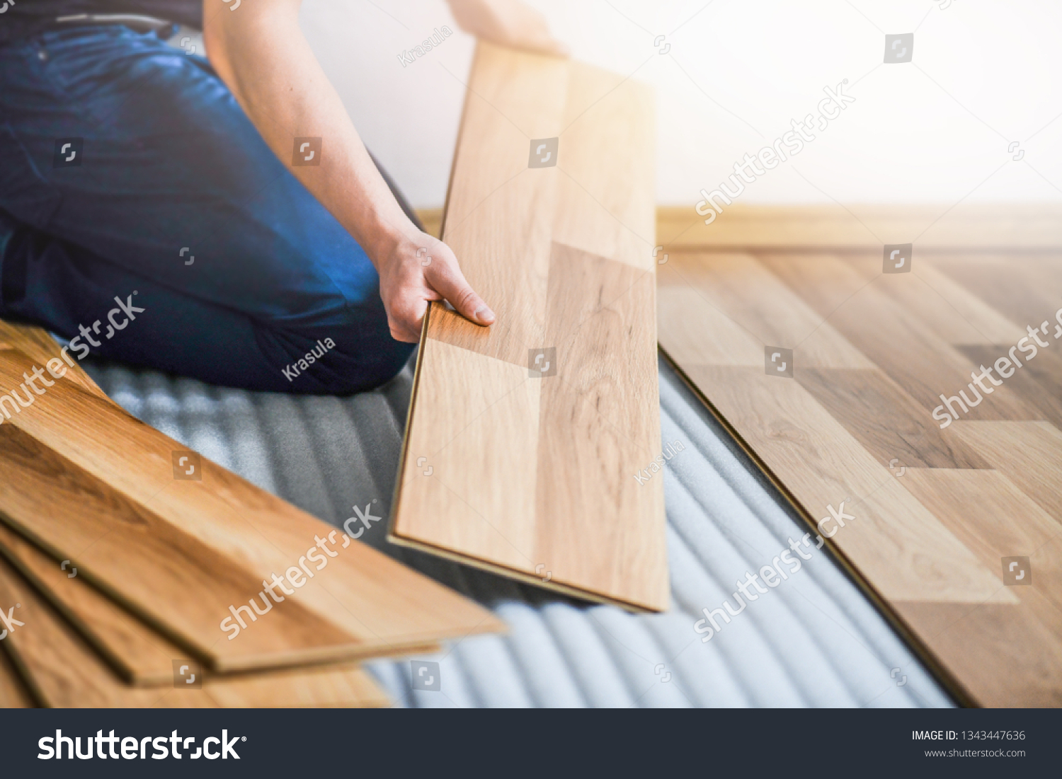 Worker Hands Installing Timber Laminate Floor Stock Photo Edit