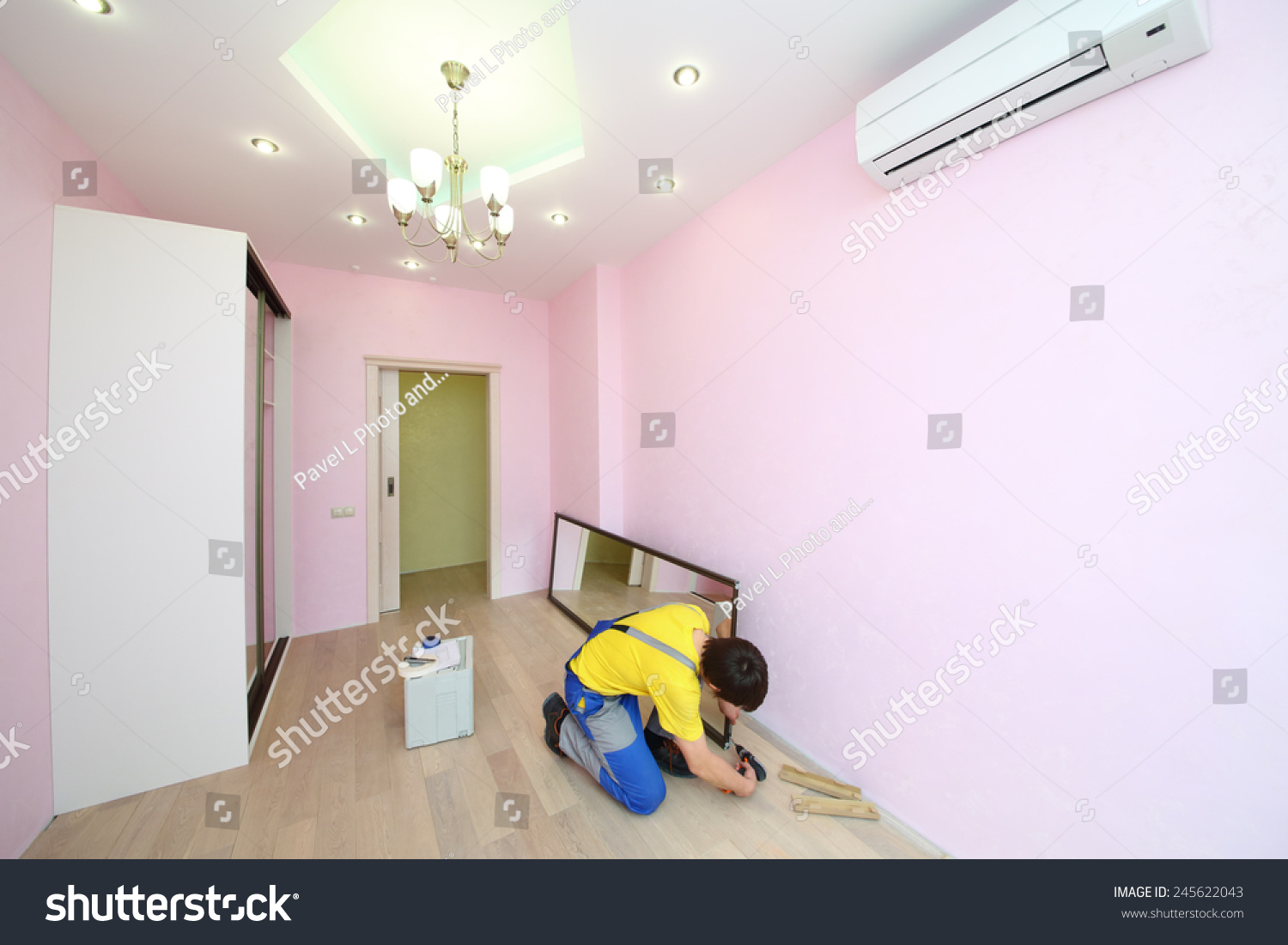 Worker Setting Mirror Door Sliding Wardrobe Stock Photo Edit Now