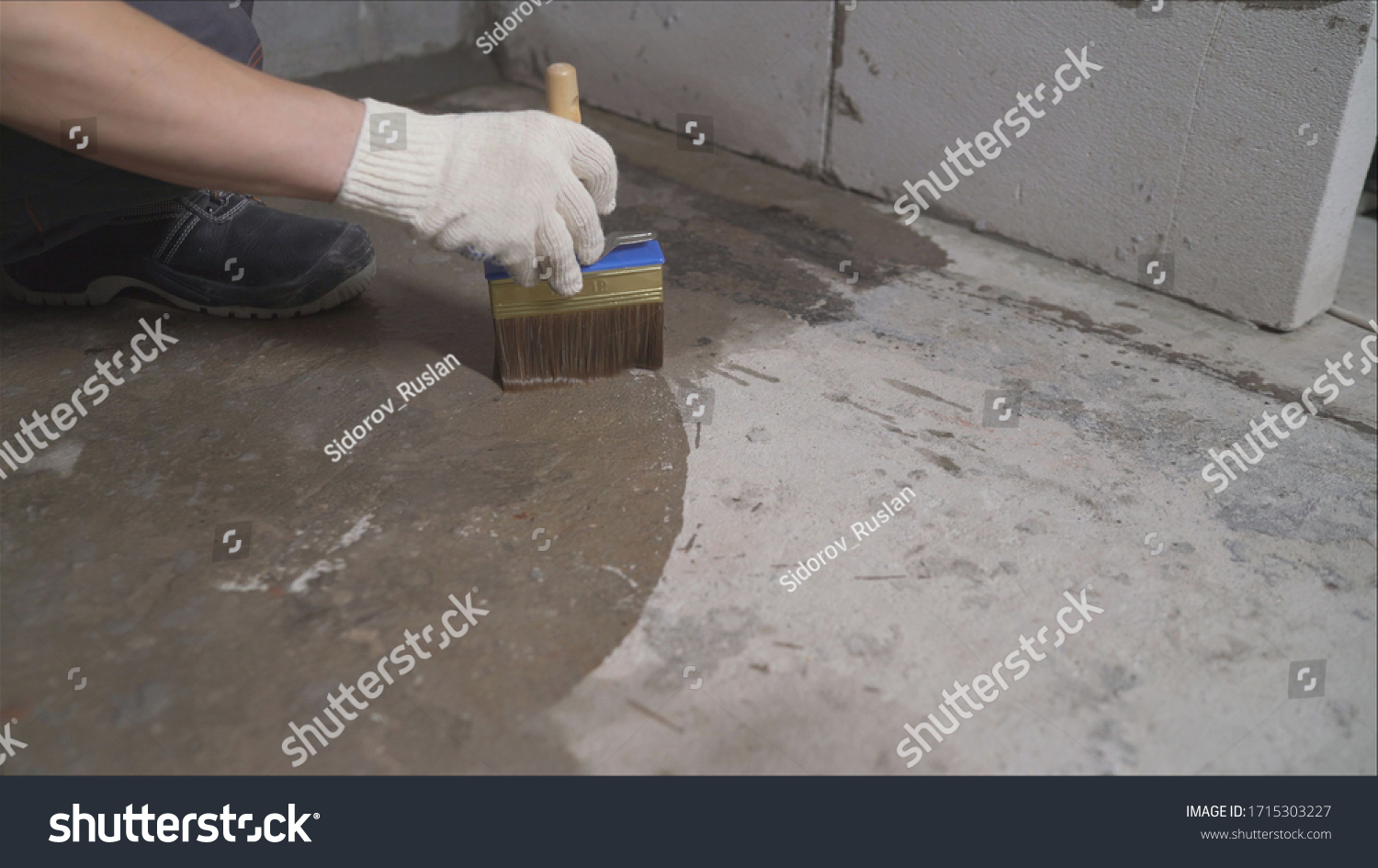 Worker Smears Concrete Floor Water Processing Stock Photo 1715303227 ...