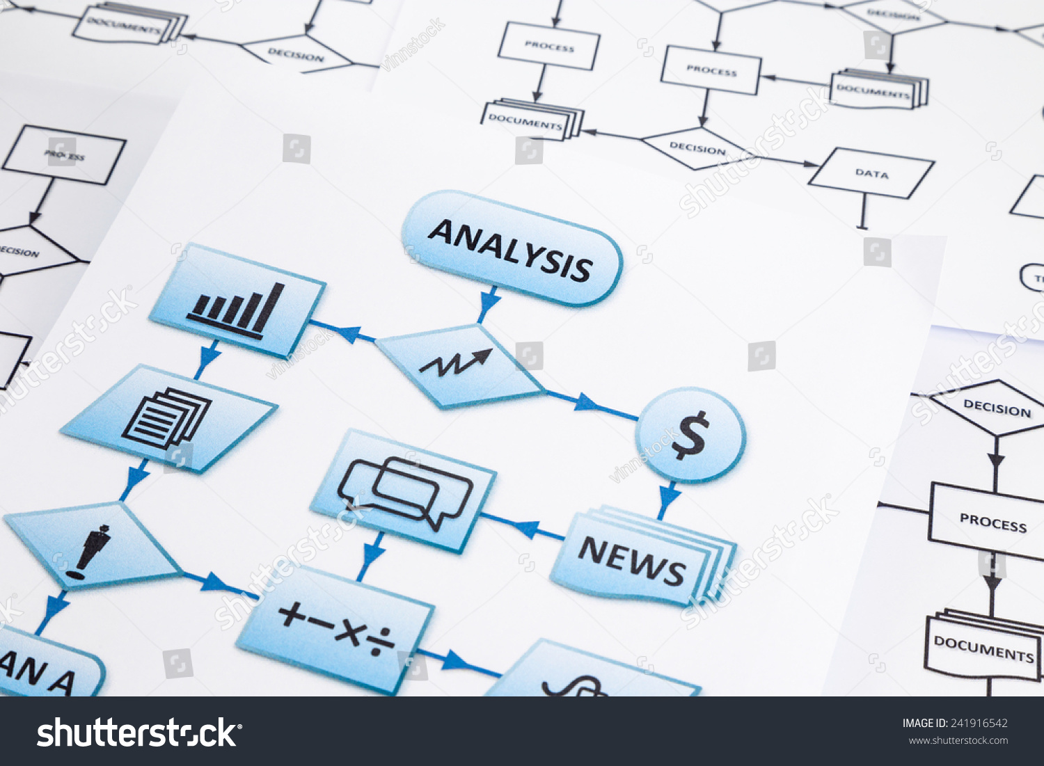 Worksheets of business process analysis with arrows and symbols in blue process flow chart, focus