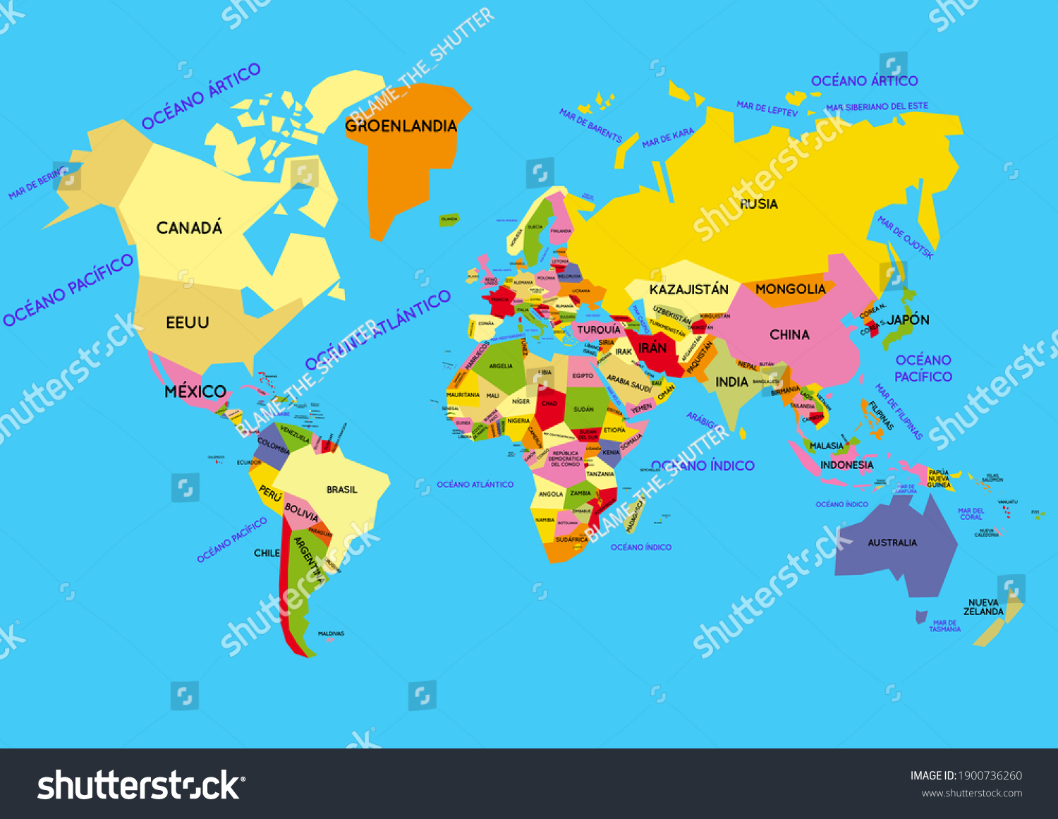 Countries And Oceans Map World Map Study Countries Oceans Spanish Stock Illustration 1900736260 |  Shutterstock