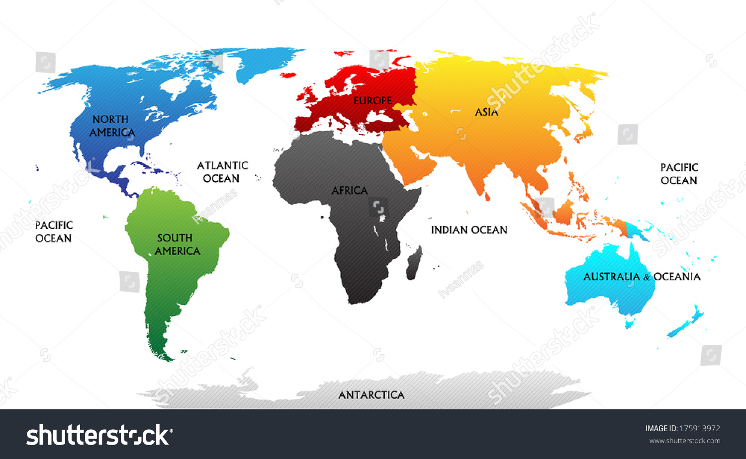 World Map With Highlighted Continents In Different Colors. All Labels ...