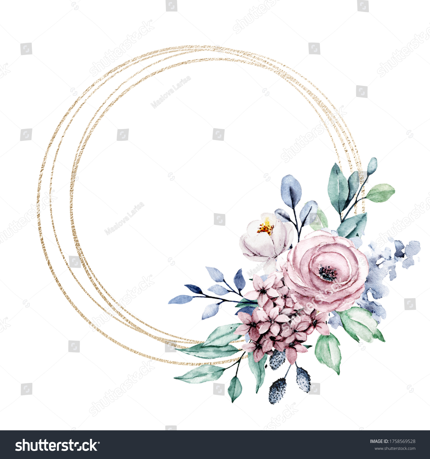 Wreath Watercolor Flowers Gold Geometric Floral Stock Illustration ...