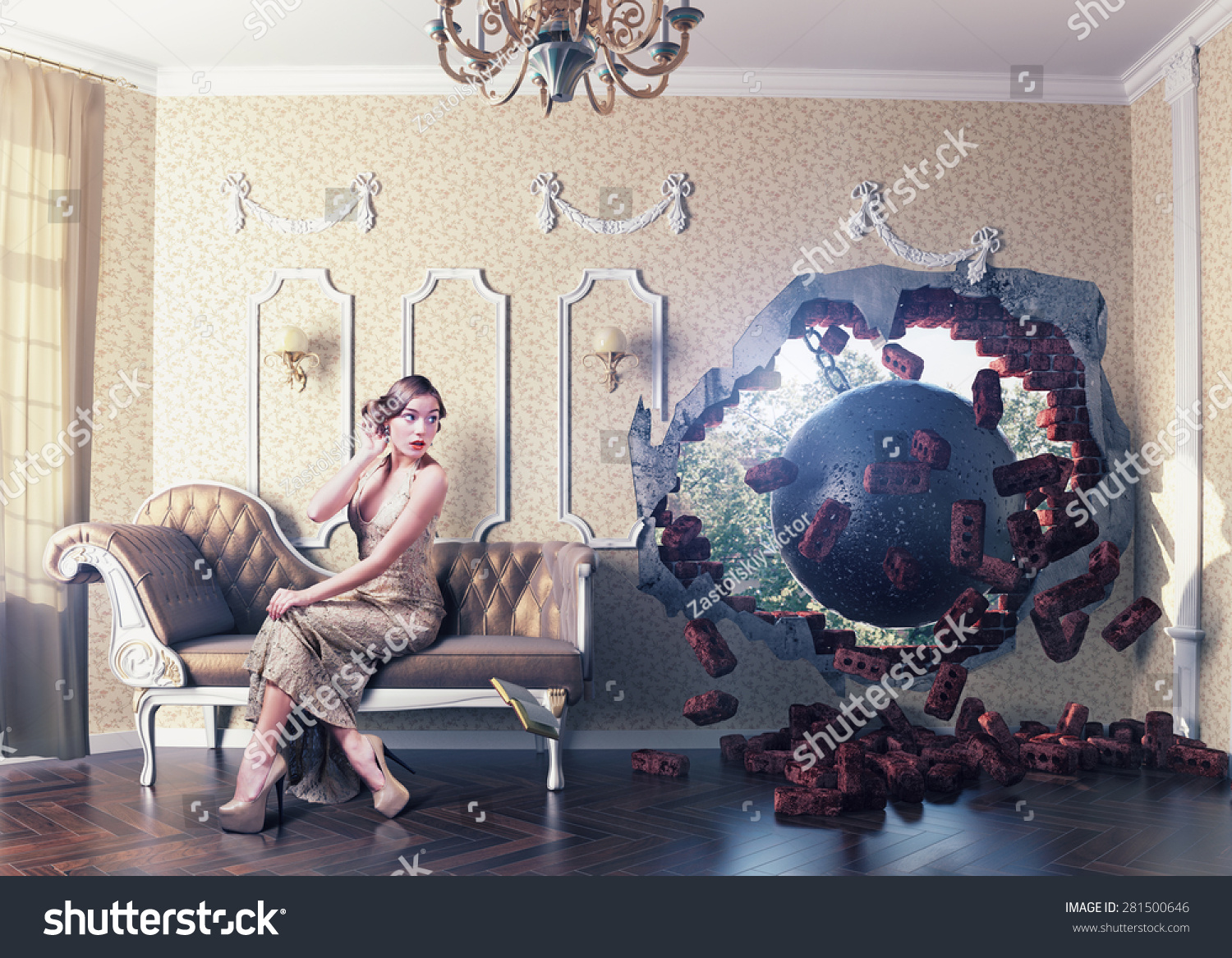 Wrecking Ball Enters Room Scaring Woman Stock Photo 281500646 ...