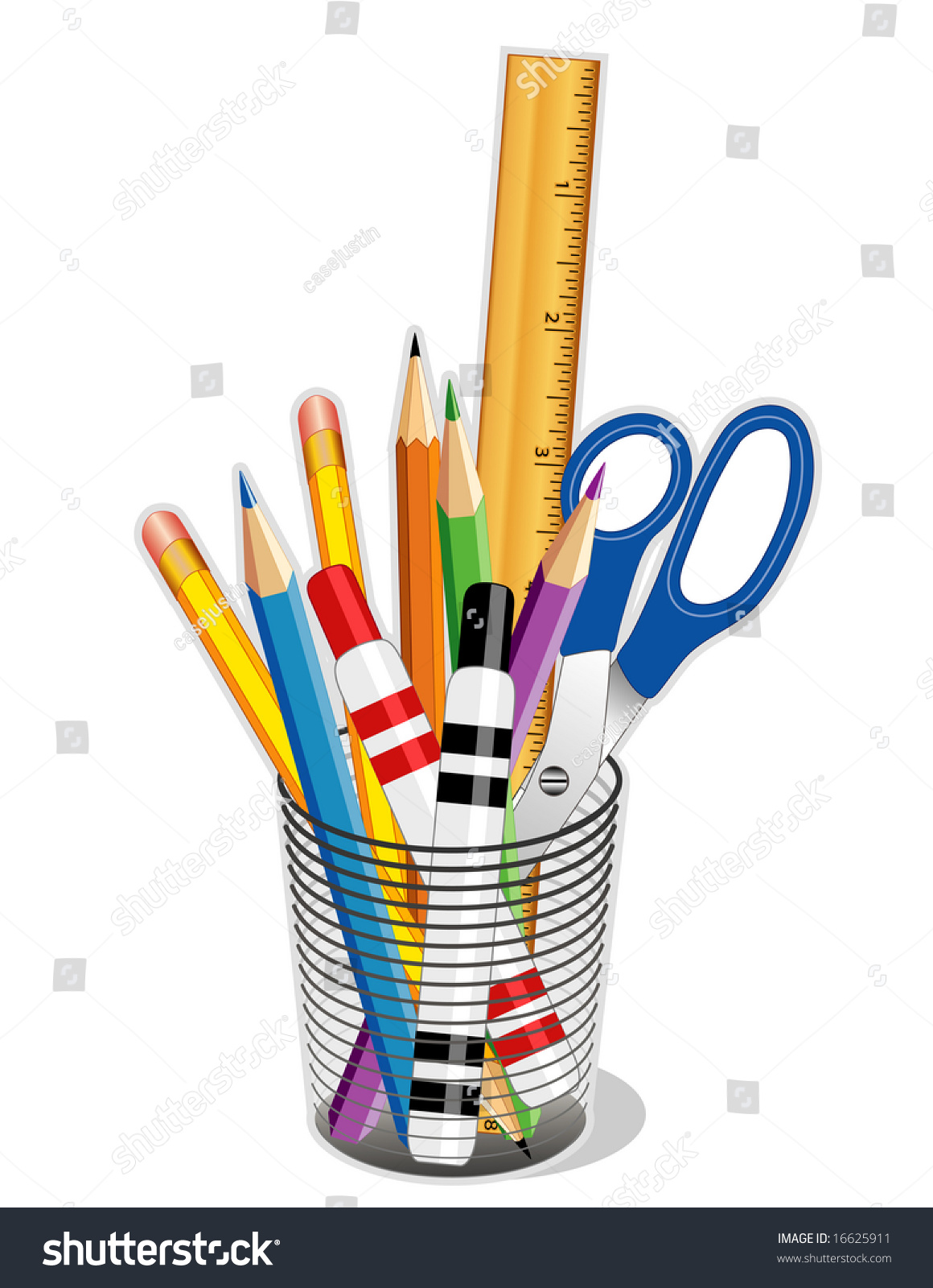 Writing And Drawing Tools In A Desk Organizer: Pencils, Scissors, Ruler ...