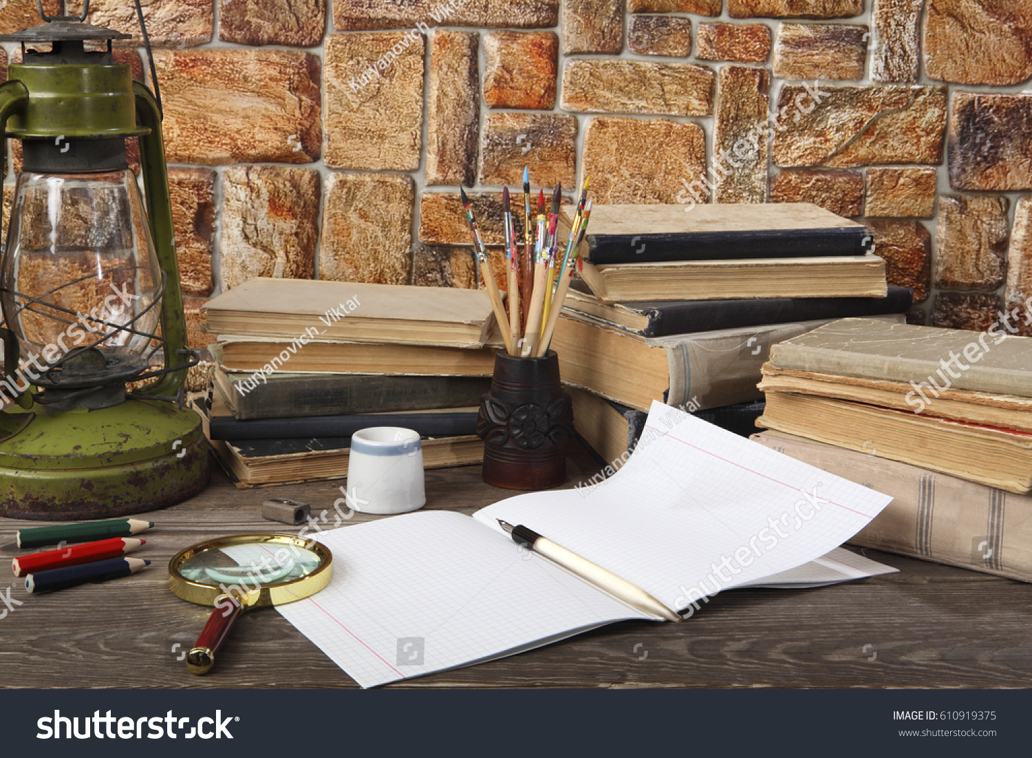 Writing Desks Colored Pencils Penholder Artists Stock Photo Edit