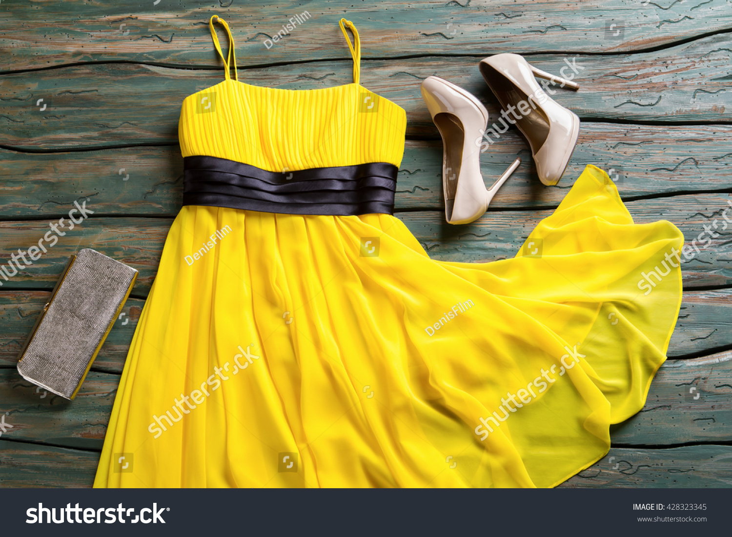 yellow dress with silver shoes