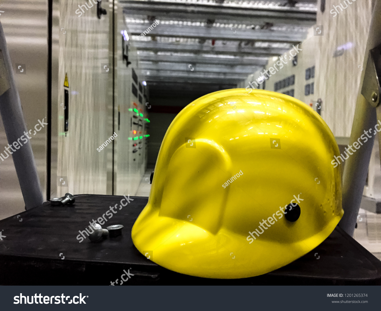 Yellow Safety Helmet Electrical Room Located Stock Photo