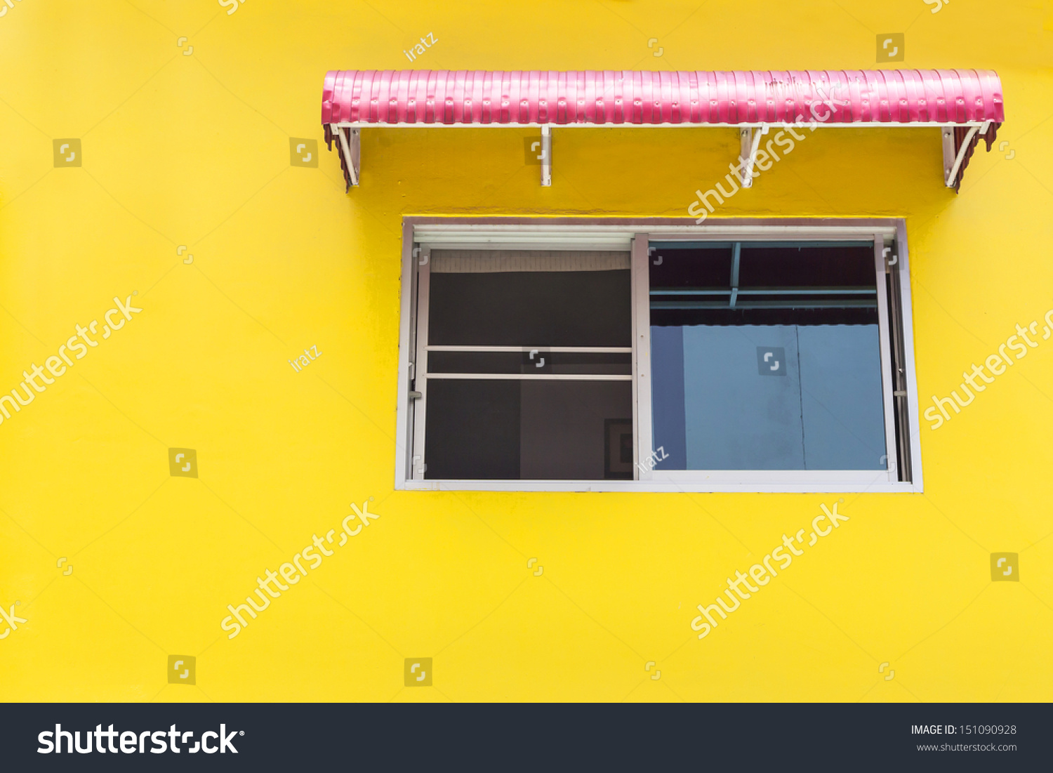 Yellow Wall Red Awning Windows Stock Photo Royalty Free 151090928