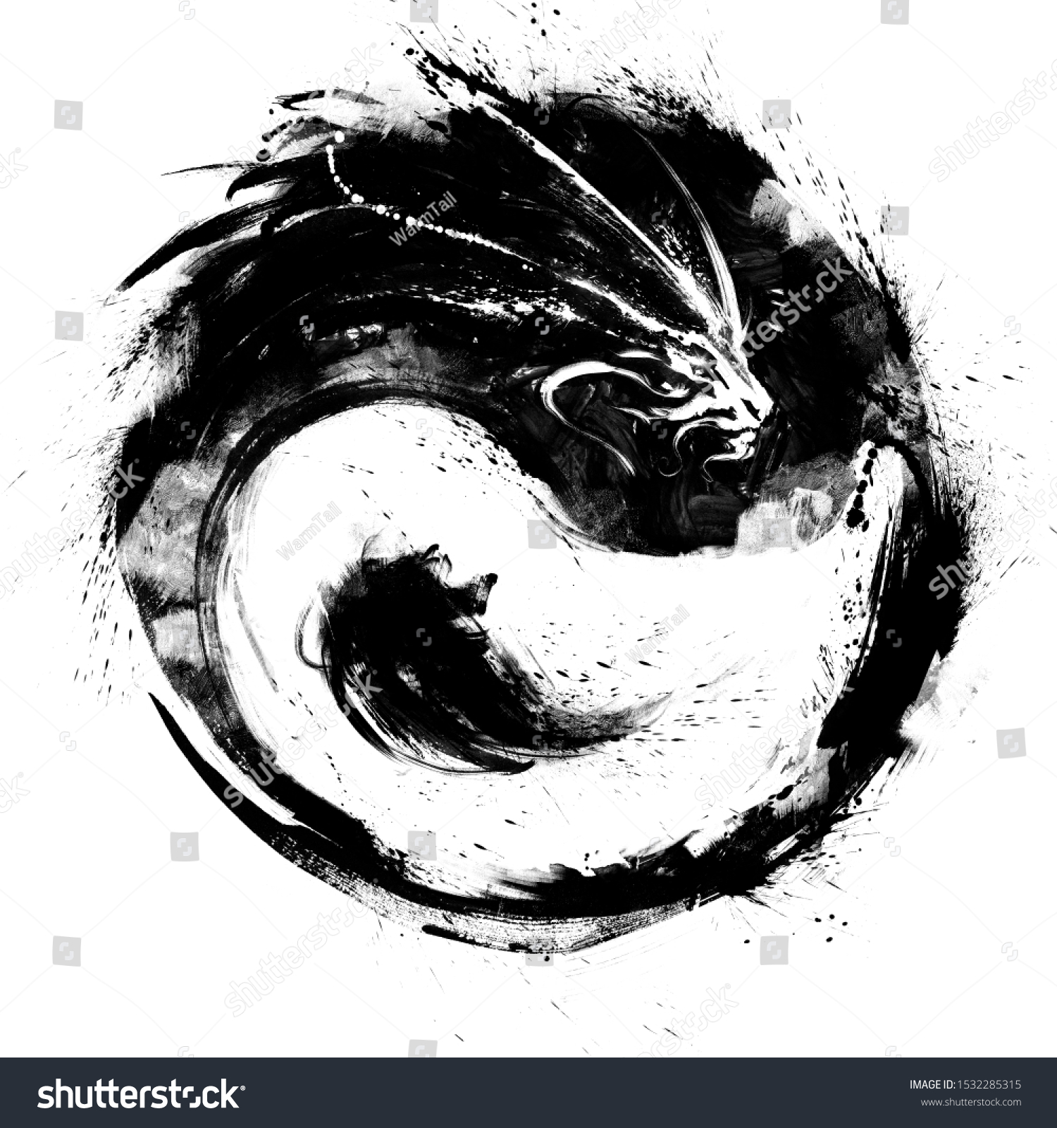 Yin Yang Dragon Drawn Ink Black Stock Illustration