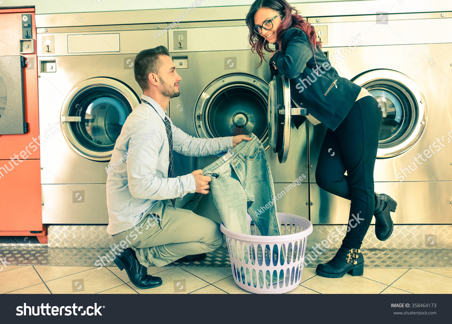 Young Attractive Couple Doing Laundry Laundromat Stock Photo Young Attractive Couple Doing Laundry Laundromat Stock Photo