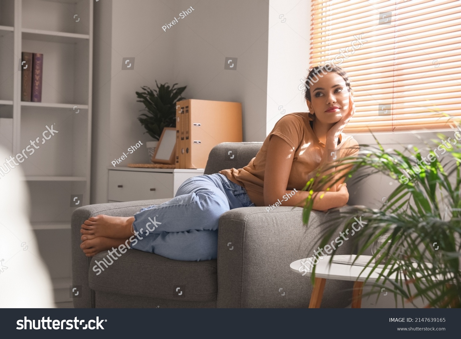 Young Barefoot Woman Resting Armchair Home Stock Photo 2147639165 ...