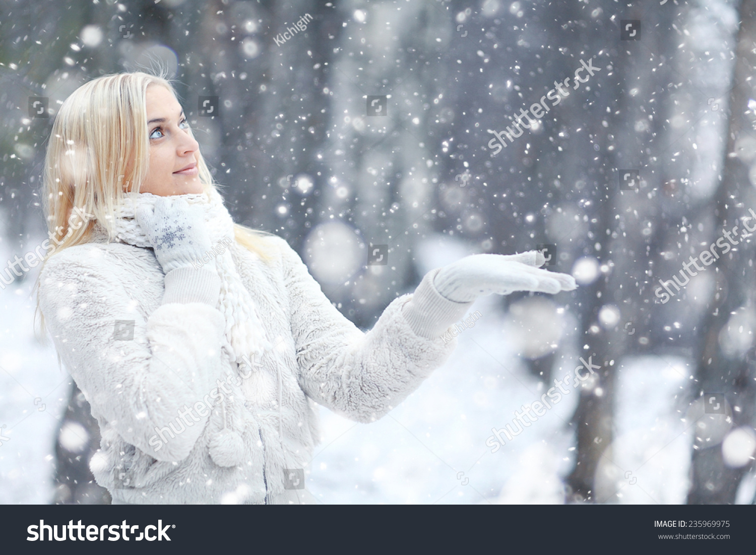 Young Beautiful Blonde Girl In Winter Forest Stock Photo 235969975 ...