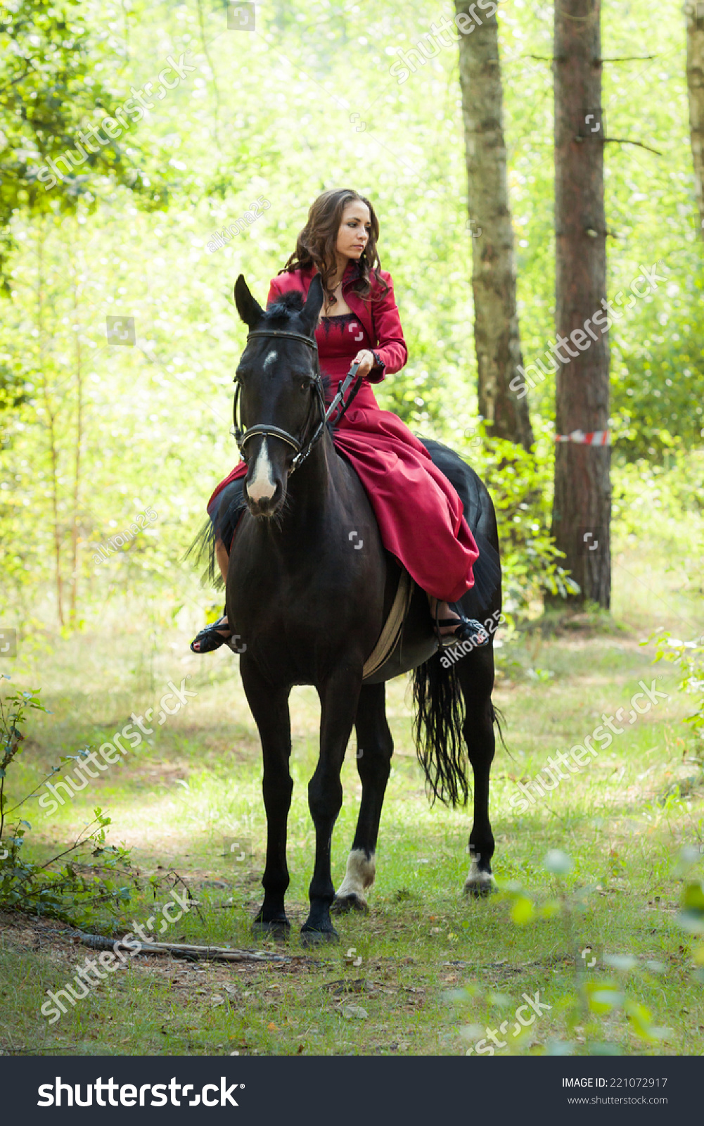 Young Beautiful Brunette Girl In Red Dress Ride On The Black Horse In ...