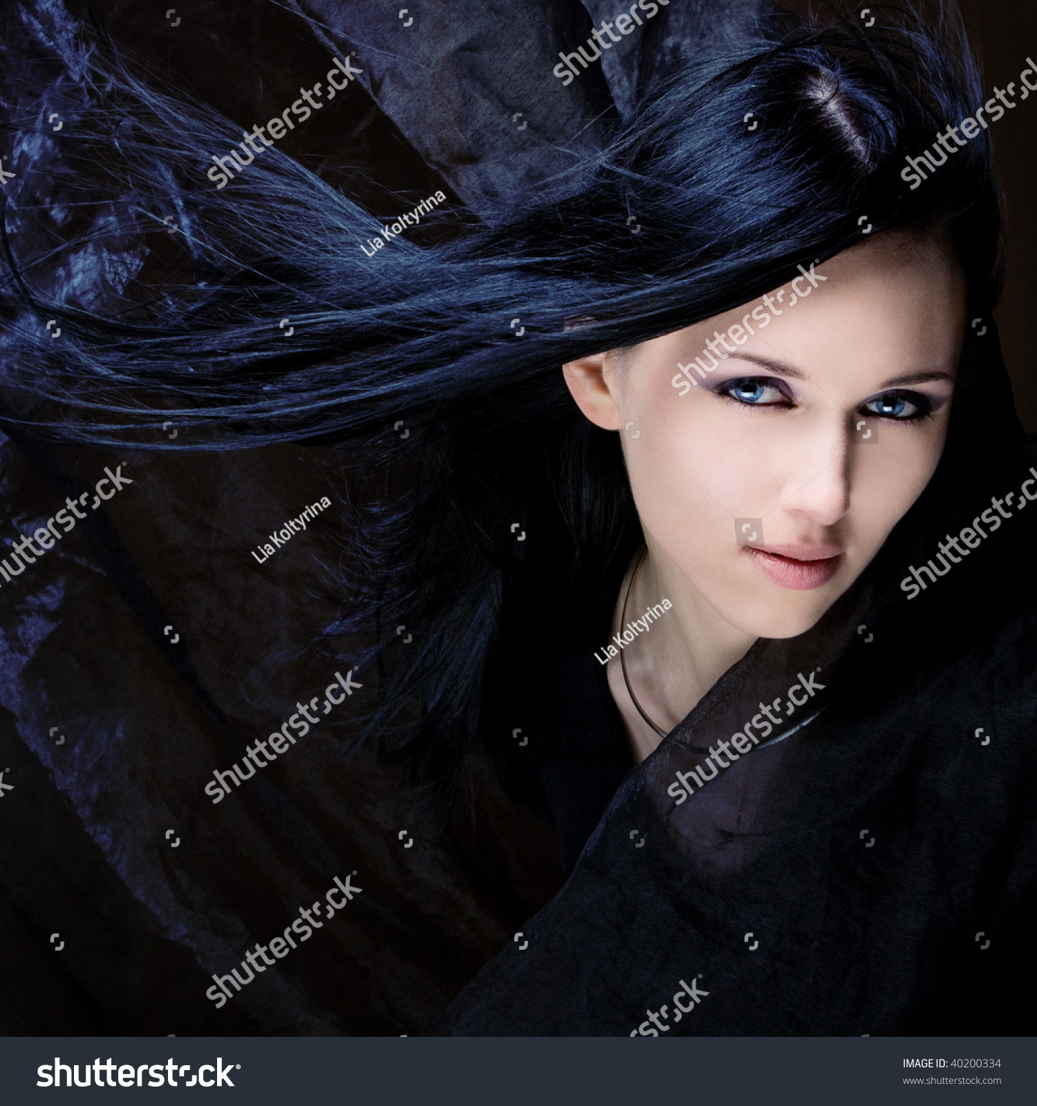 Young Beautiful Girl Black Hair Blue Stock Photo 40200334