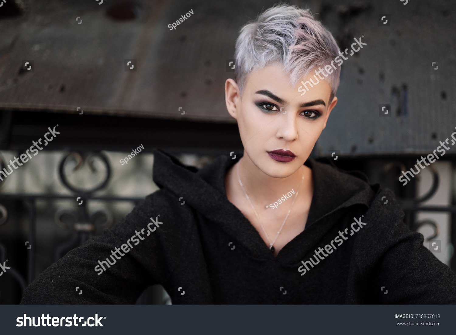 Young Beautiful Girl Short Gray Hair Stock Photo Edit Now 736867018